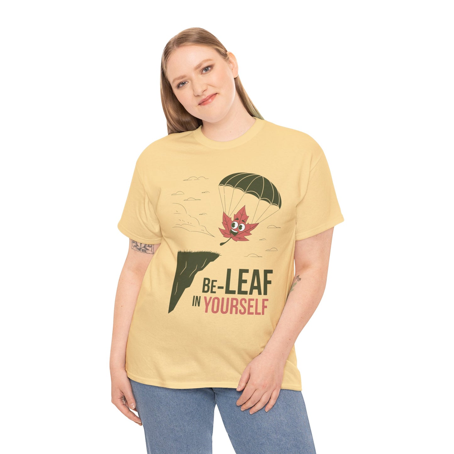 Be-Leaf In Yourself Maple Leaf Parachute T-Shirt | Funny Motivational Nature Graphic Tee | Self-Love Fall Autumn Shirt | Outdoorsy Gift