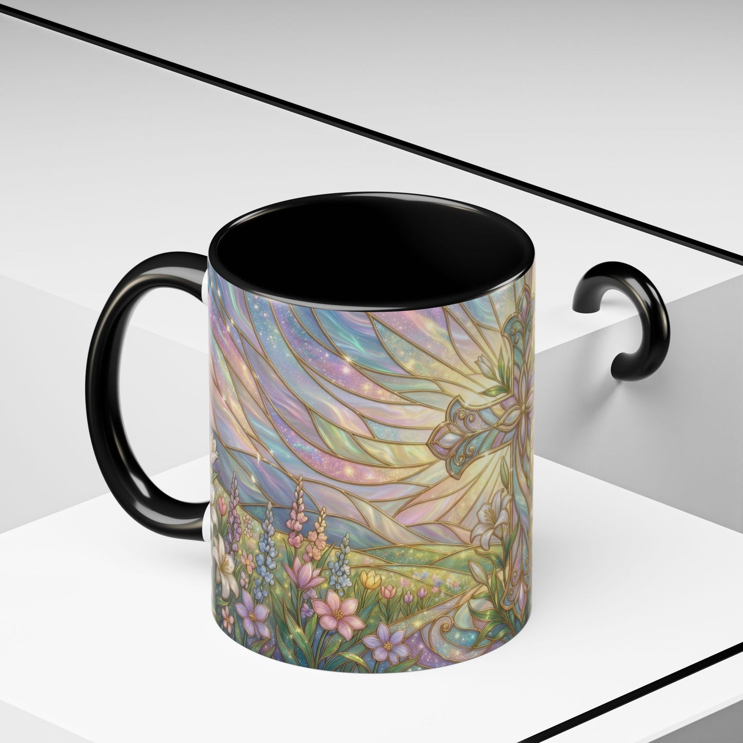 Stained Glass Cross Mug, Easter Lily Coffee Cup, Christian Religious Gift, Pastel Floral Faith Mug, Spring Believer Cup, Baptism Present