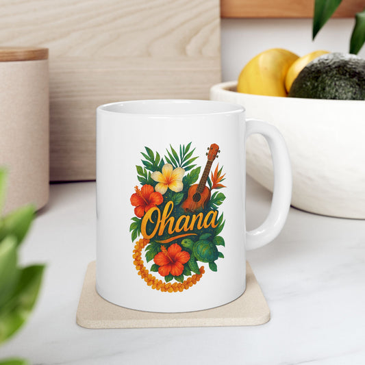 Ohana Hawaiian Mug - Tropical Coffee Cup with Ukulele & Hibiscus Flowers - Island Gift for Family, Friends, or Beach Lovers