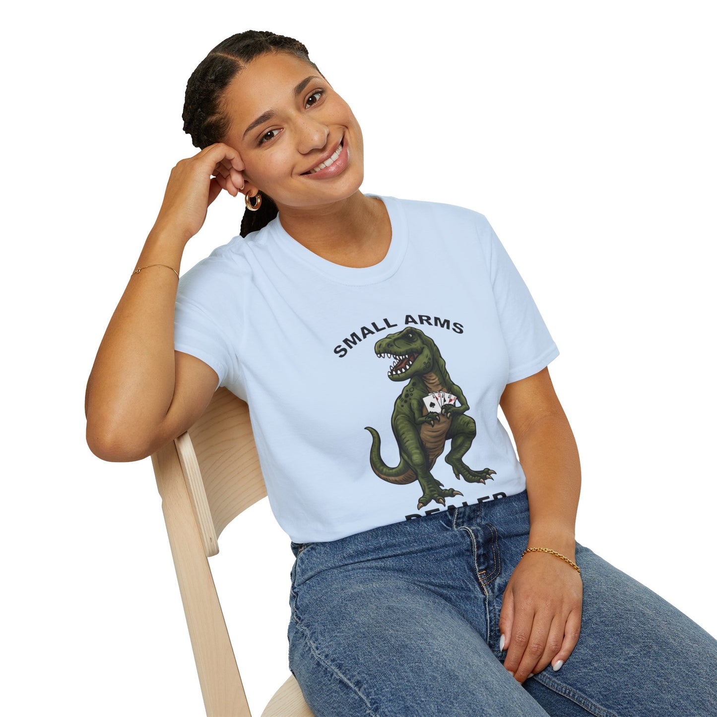 Funny Small Arms Dealer T-Rex Shirt, Dinosaur Pun Tee, Hilarious Graphic T-Shirt for Men & Women, Great Gift for Dad, Friend, or Coworker