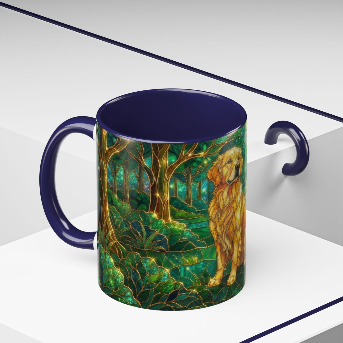 Stained Glass Dog Mug, Golden Retriever Coffee Cup, Pet Lover Ceramic Mug, Forest Art Animal Mug, 11oz 15oz Gift
