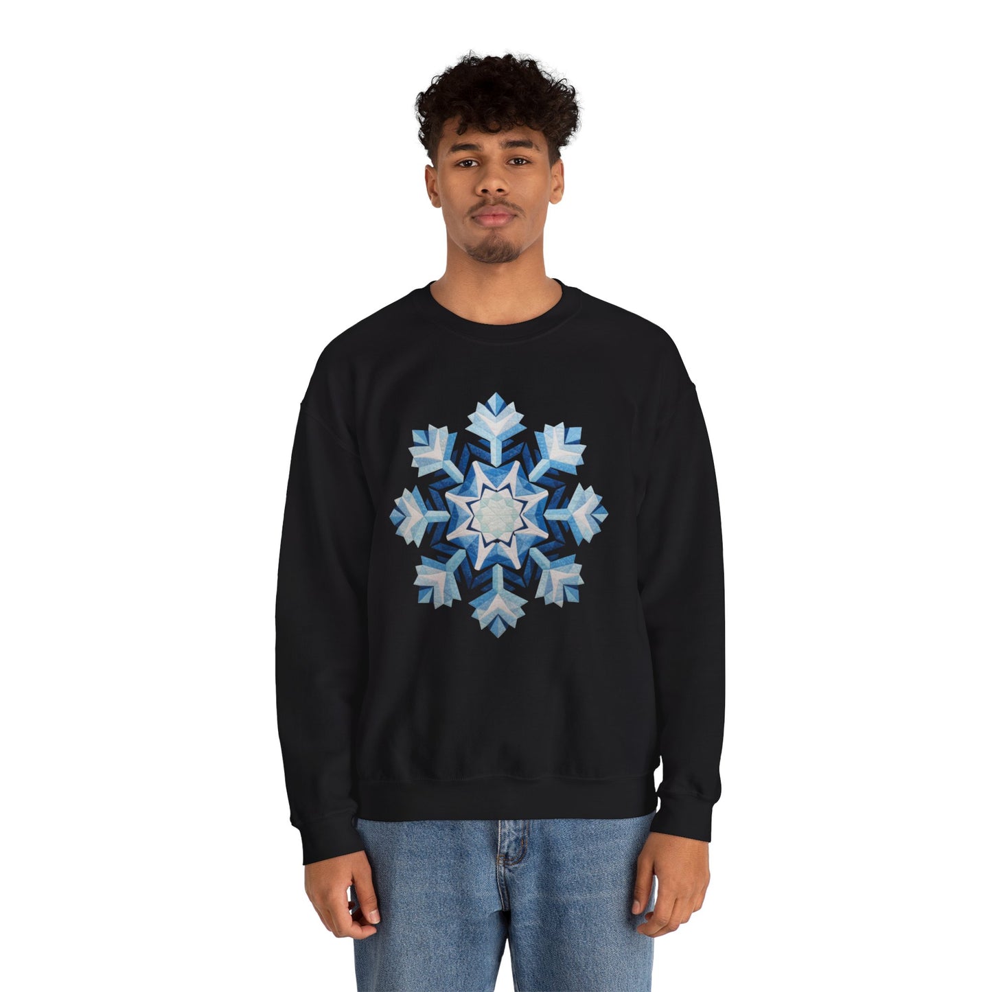 Faux Patchwork Snowflake Sweatshirt, Winter Snowflake Crewneck Unisex, Cozy Holiday Patchwork Sweatshirt, Nordic Snowflake Winter Pullover