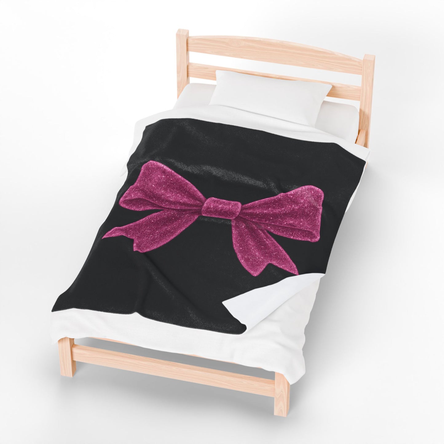 Black Throw Blanket with Glitter Pink Bow – Cozy Soft Bed Cover – Girly Glam Room Decor – Teen Girl Gift – Elegant Bedding Accent