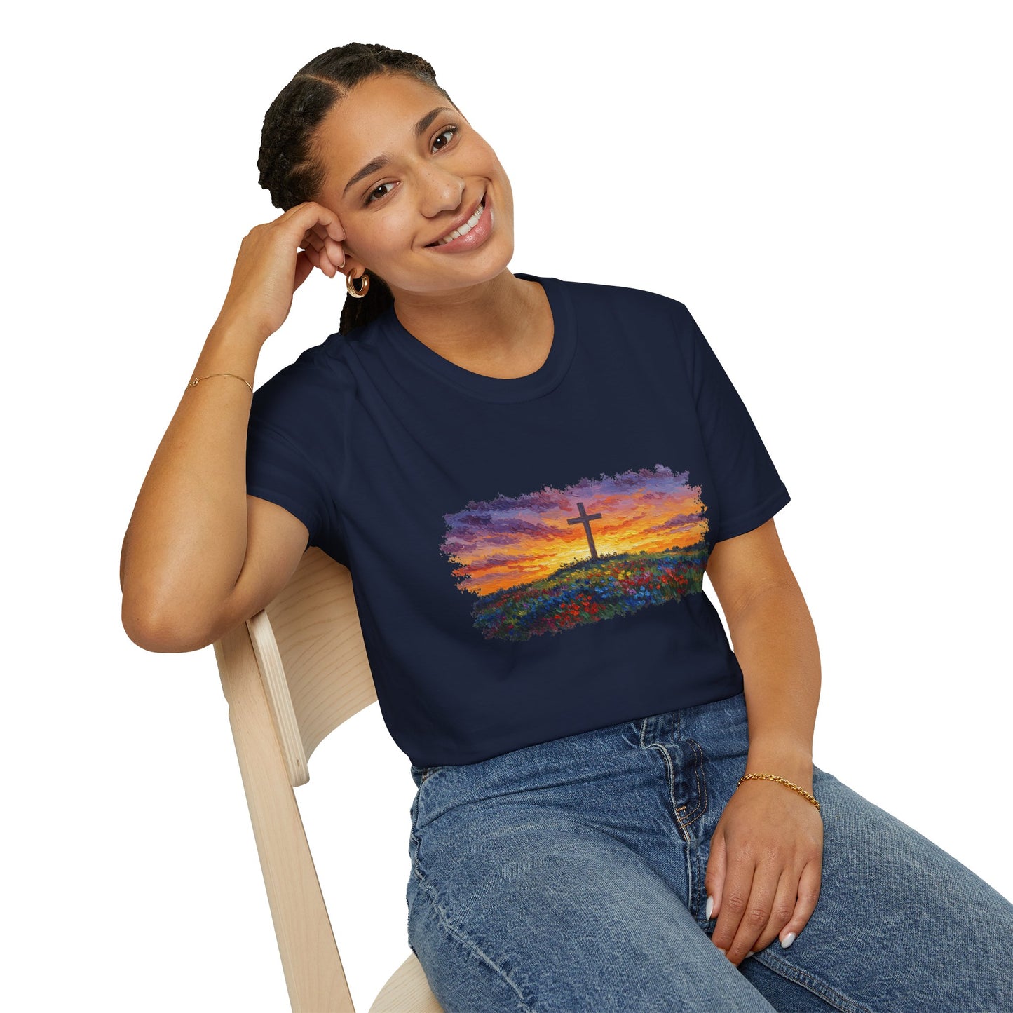 Van Gogh-Style Cross Sunset T-Shirt | Christian Faith Tee, Impressionist Nature Cross Shirt, Sunset Religious Art, Faith & Landscape Gift