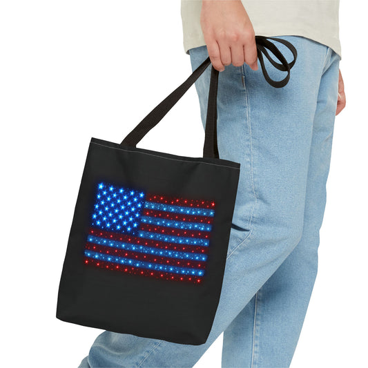 Galaxy Bioluminescent USA Flag Tote Bag - Patriotic Cosmic Canvas Shopper - Starry Red White Blue Tote Non-Glow - 4th July Gift