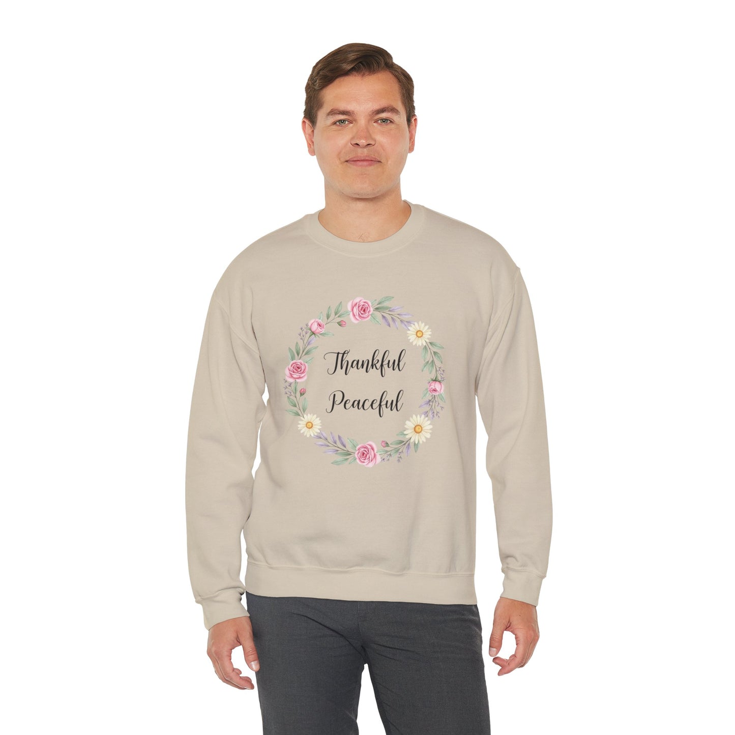 Thankful Peaceful Sweatshirt, Floral Wreath Crewneck, Inspirational Quote Sweater, Positive Message Pullover, Uplifting Gift For Women