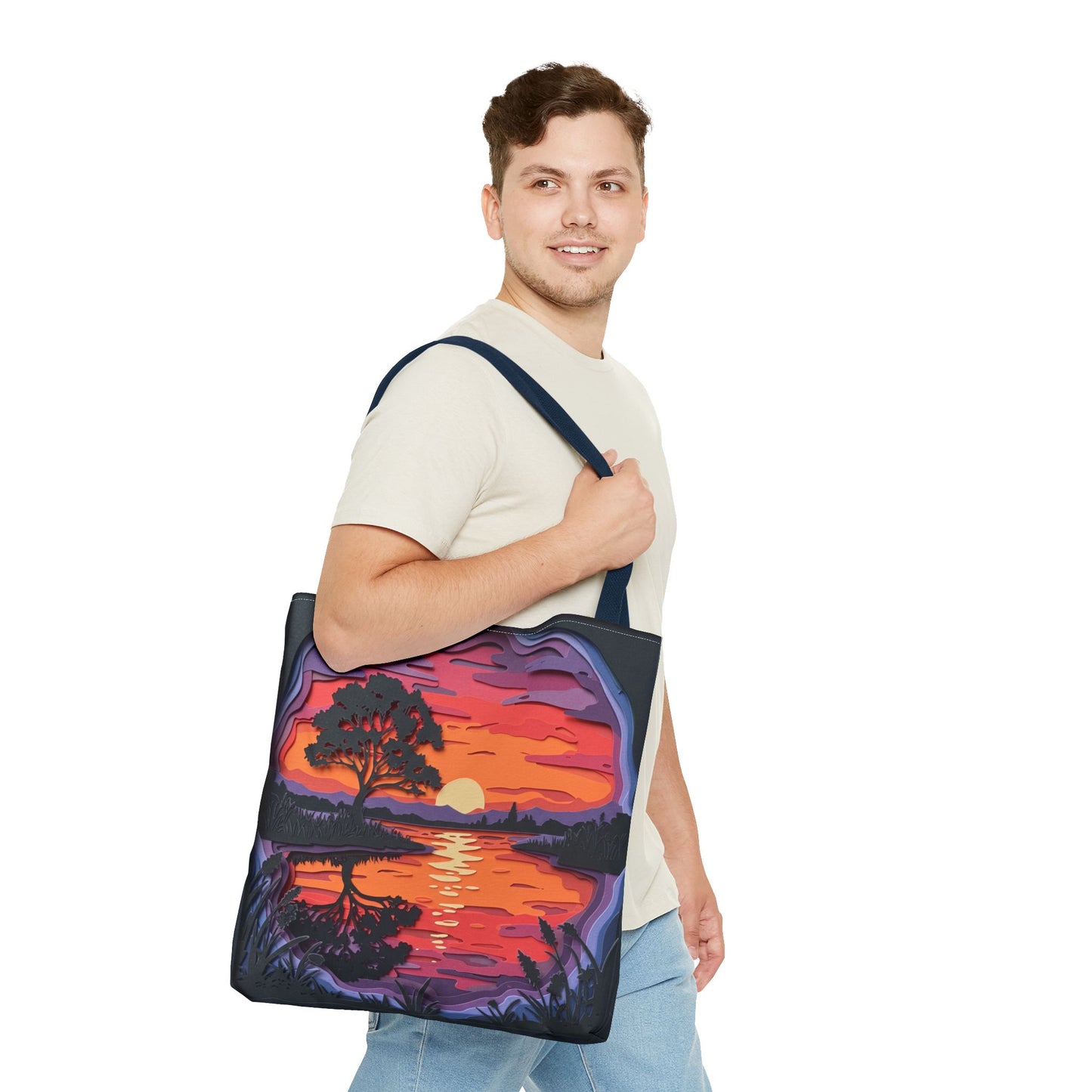 Sunset Landscape Canvas Tote Bag – Paper‑Art Inspired Nature Scene Tote – Colorful Sunset Market Tote, Eco Reusable Beach Bag, Vibrant Gift for Her