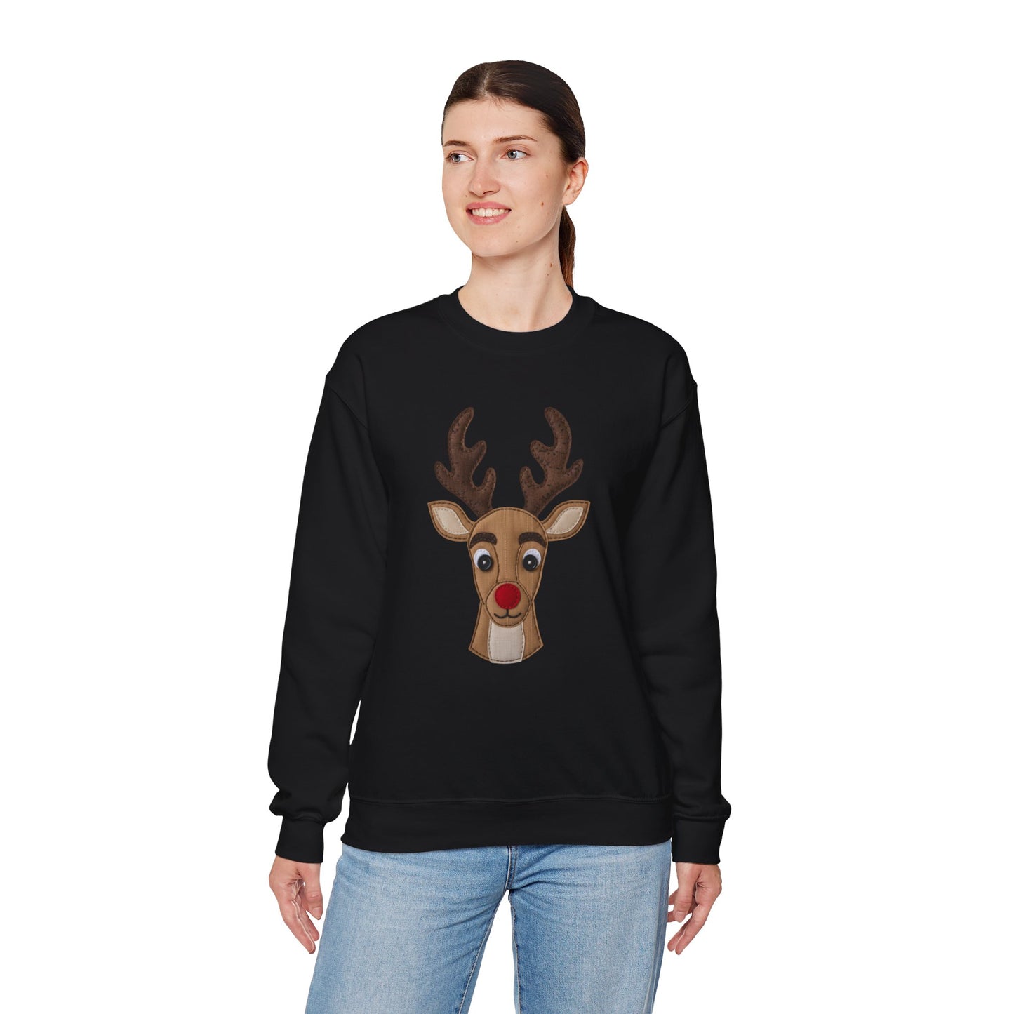 Faux Patchwork Rudolph Sweatshirt, Cute Reindeer Christmas Crewneck, Cozy Holiday Pullover, Winter Reindeer Sweater, Xmas Gift for Women