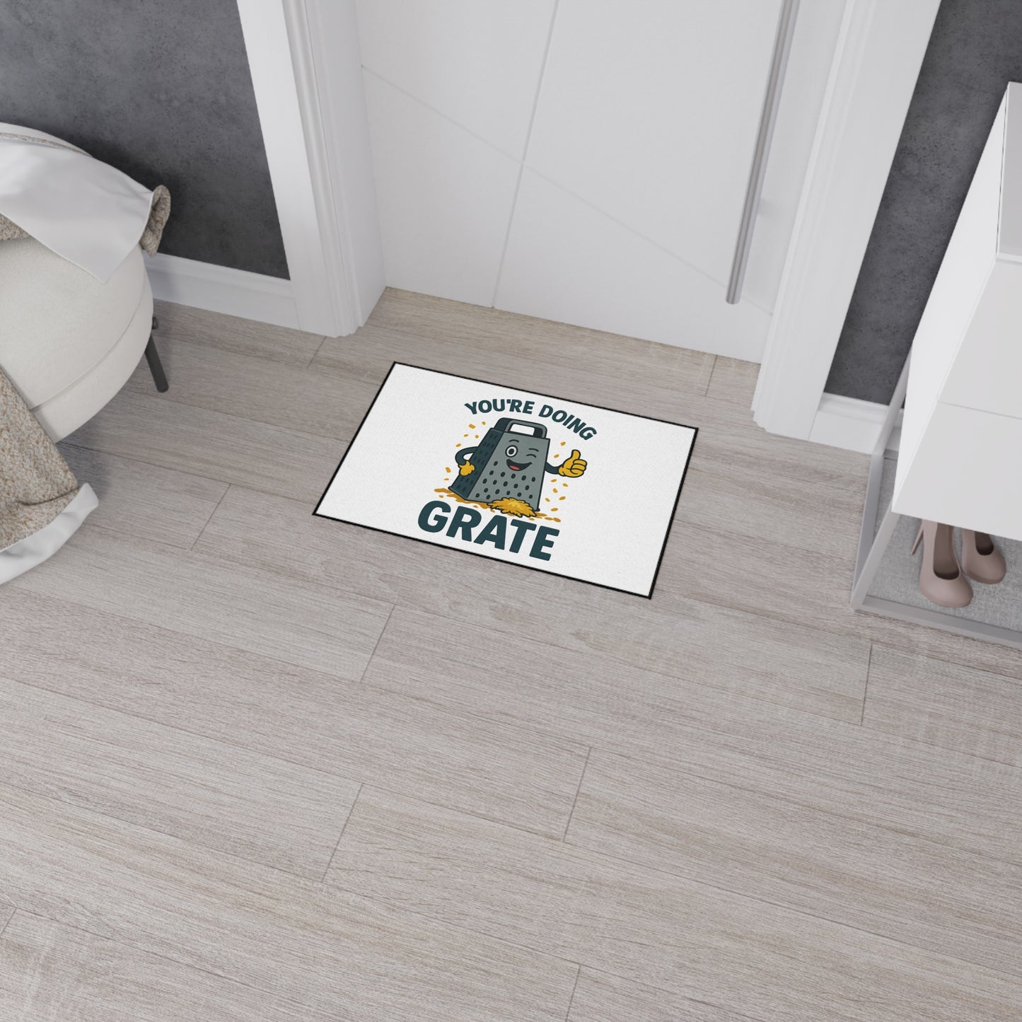 Funny Kitchen Mat – “You’re Doing Grate” Floor Rug, Cheese Grater Pun Mat, Cute Home Gift for Friends or Foodies