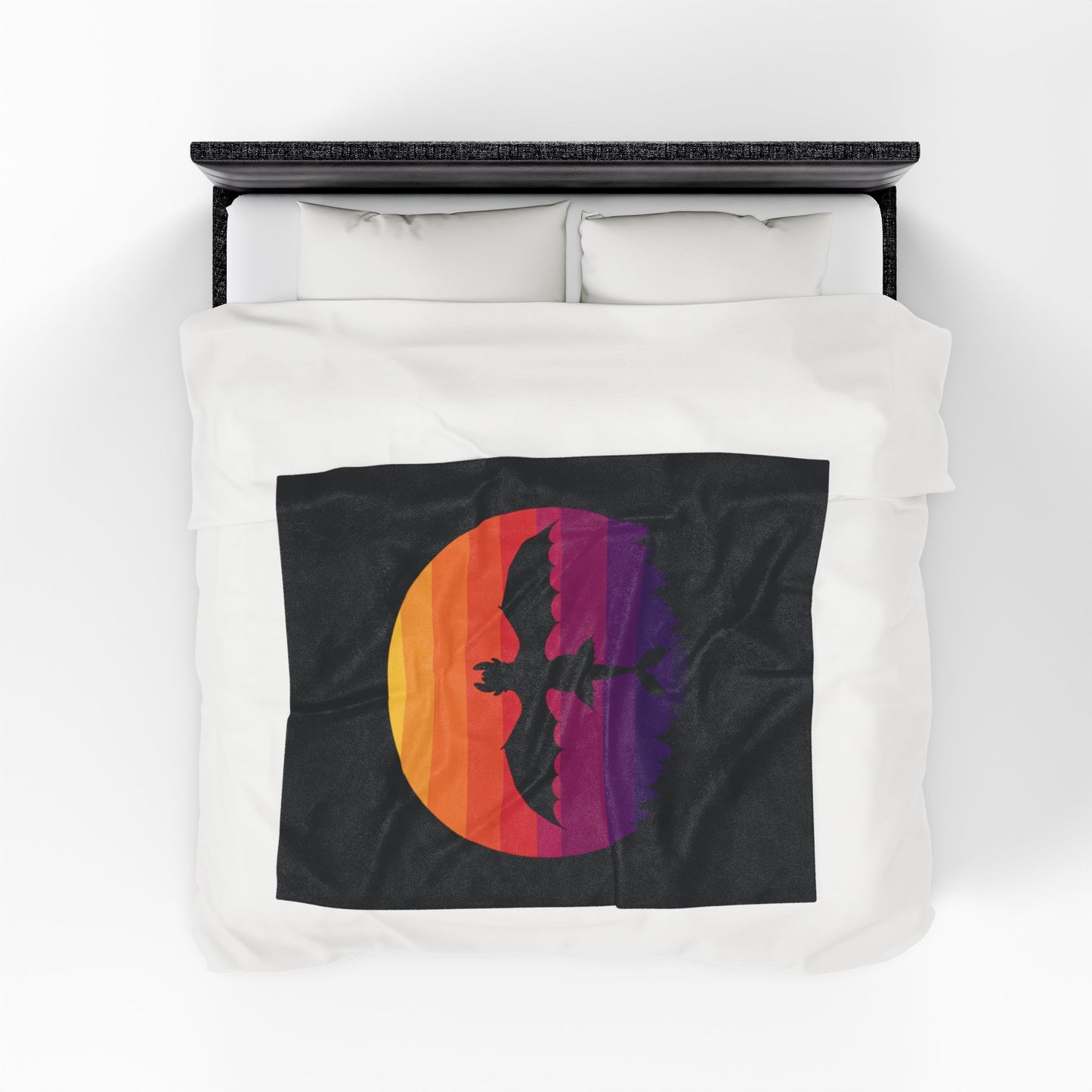 Dragon Sunset Blanket - Retro Dragon Fleece Throw - Fantasy Bedding Gift - Cool Gamer Blanket - Dragon Decor - Cozy Bed Cover for Fans