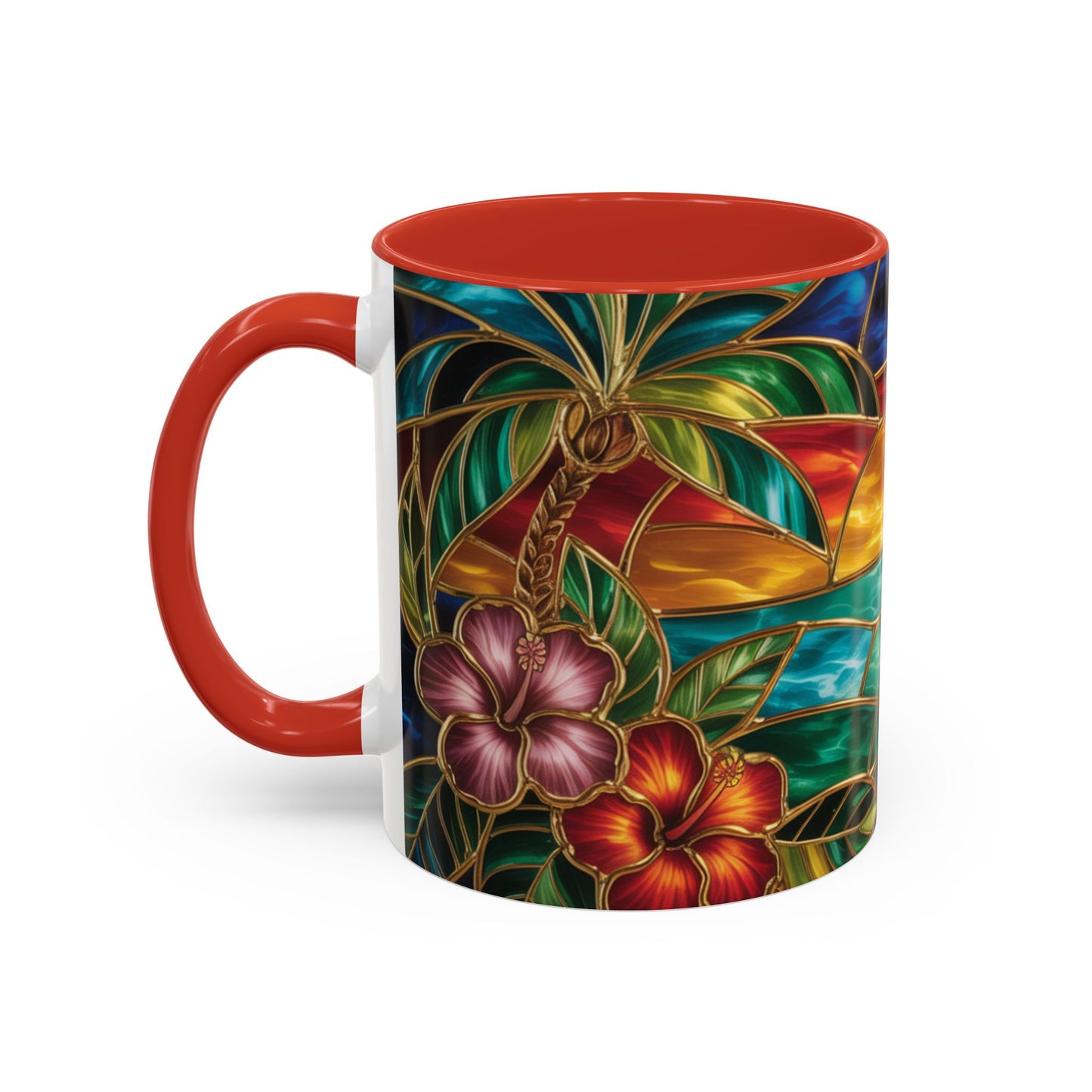 Stained Glass Tropical Sunset Mug, Hibiscus Flower Coffee Cup, Beach Lover Gift, Colorful Palm Tree Mug, Coastal Art Drinkware, Summer Cup