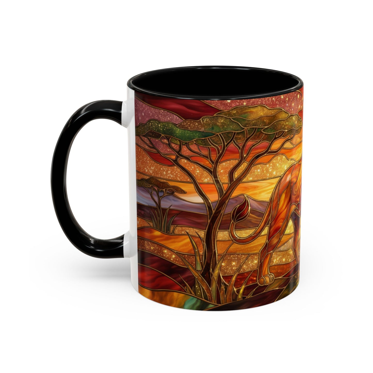 Stained Glass Lion Mug, Majestic Lion Coffee Cup, African Sunset Art Mug, Safari Wildlife Gift, Colorful Lion Lover Ceramic Mug