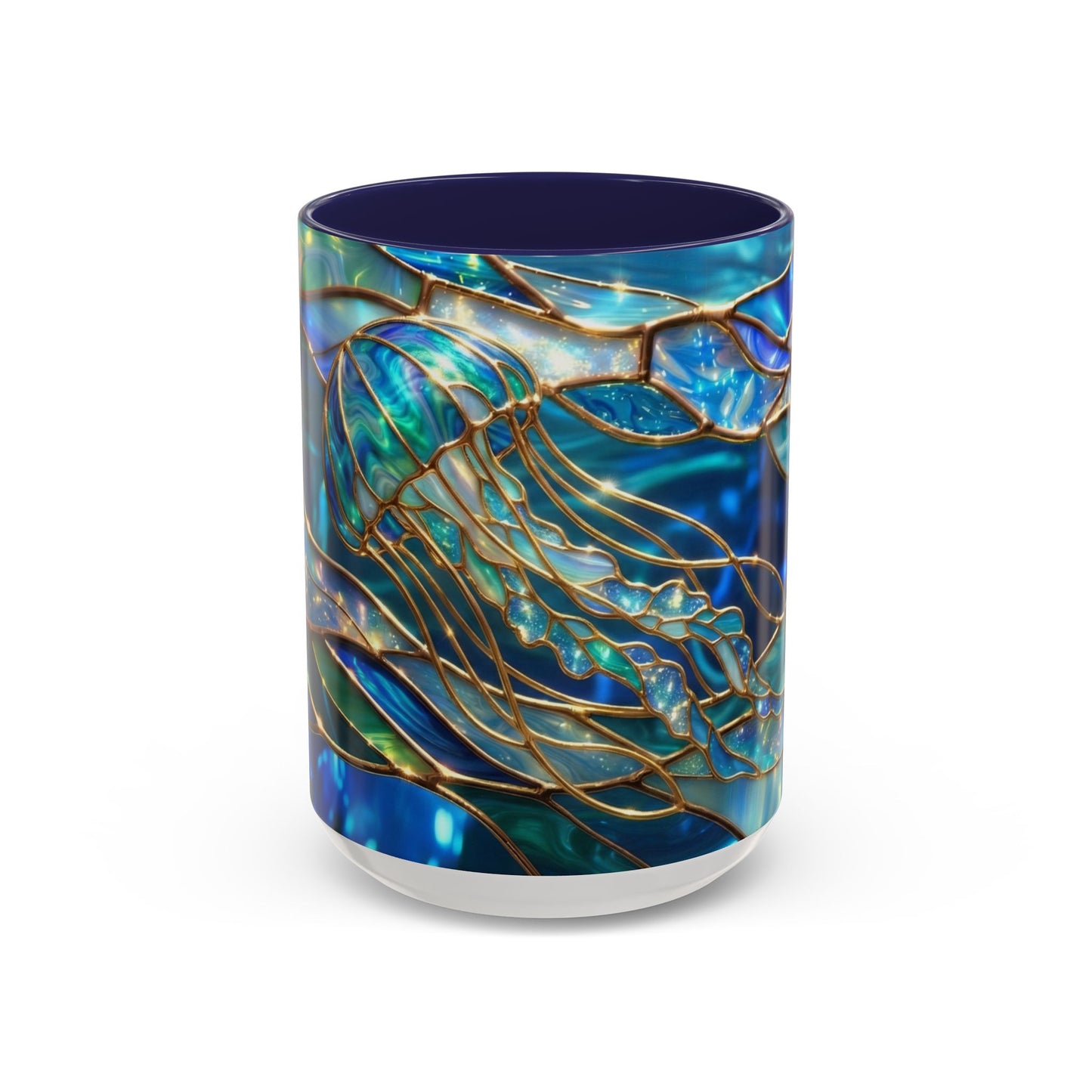 Stained Glass Jellyfish Mug, Ocean Art Coffee Cup, Nautical Sea Life Mug, Blue Teal Gold Glass Style Mug, Gift For Ocean Lovers Decor