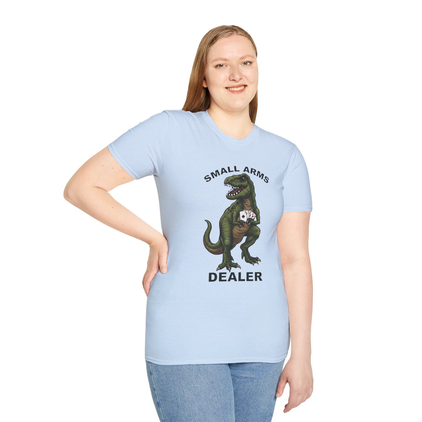 Funny Small Arms Dealer T-Rex Shirt, Dinosaur Pun Tee, Hilarious Graphic T-Shirt for Men & Women, Great Gift for Dad, Friend, or Coworker