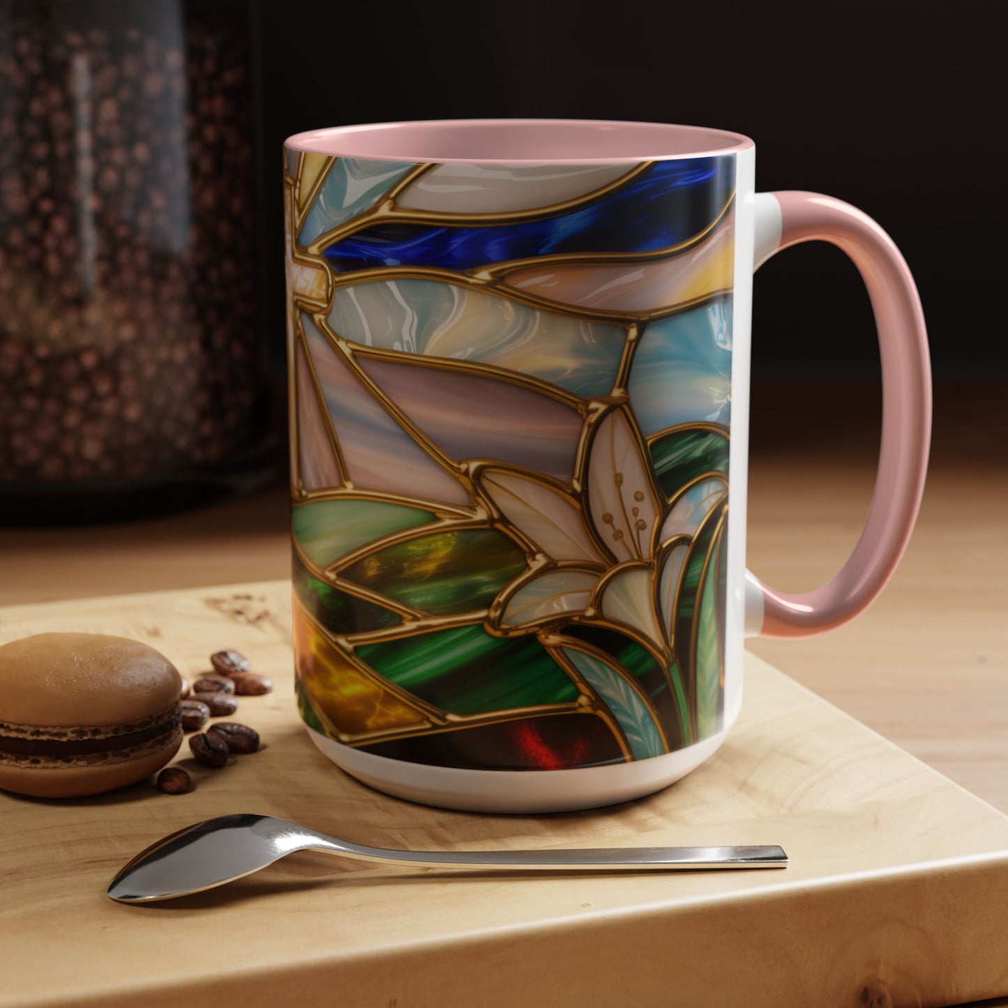 Stained Glass Cross Mug, Christian Sunrise Coffee Cup, Religious Floral Art Mug, Inspirational Faith Gift For Women, Colorful Stained Glass Design