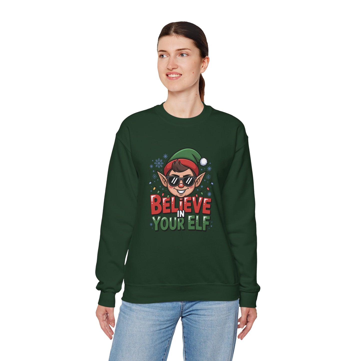 Believe In Your Elf Christmas Sweatshirt, Funny Elf Holiday Sweater, Unisex Christmas Crewneck, Festive Gift For Friends And Family
