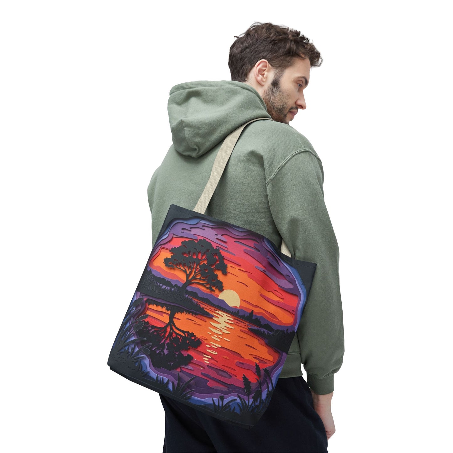 Sunset Landscape Canvas Tote Bag – Paper‑Art Inspired Nature Scene Tote – Colorful Sunset Market Tote, Eco Reusable Beach Bag, Vibrant Gift for Her