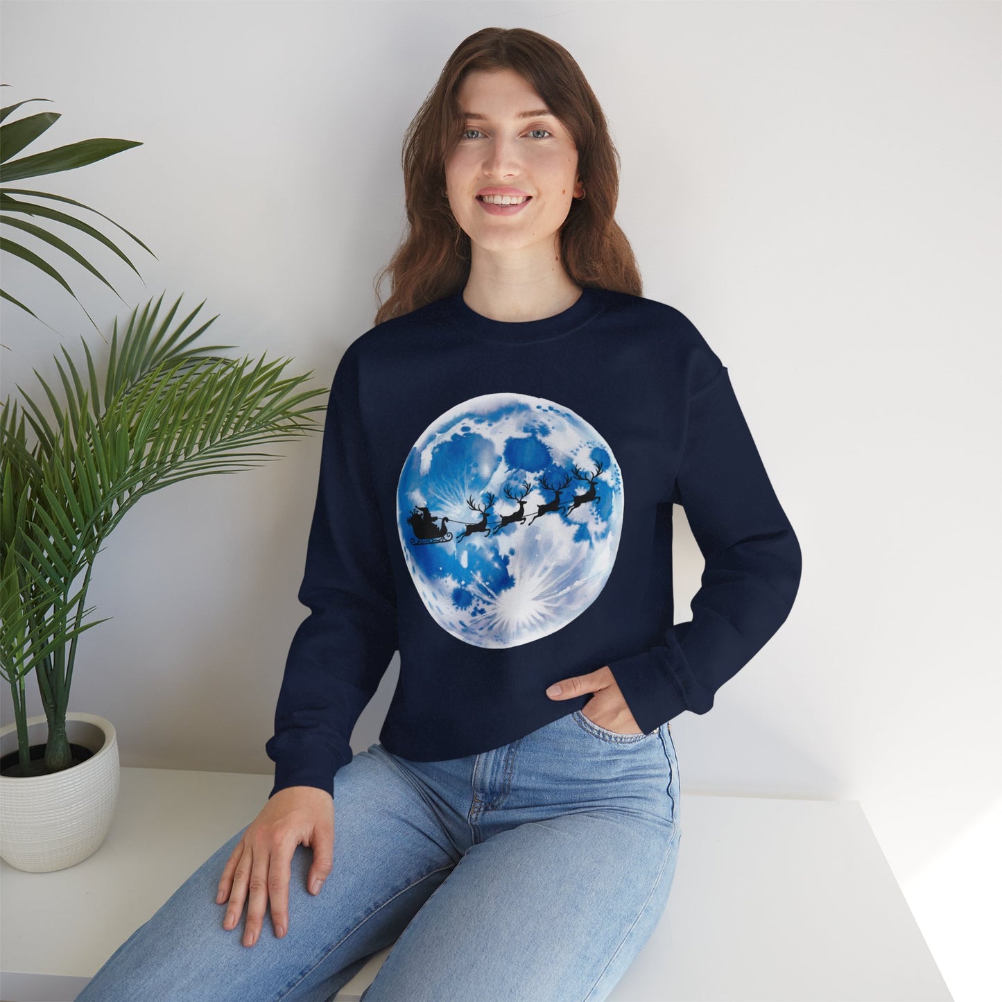Santa And Reindeer Full Moon Christmas Sweatshirt, Holiday Night Sky Sweater, Cozy Unisex Crewneck, Festive Gift For Christmas Lovers