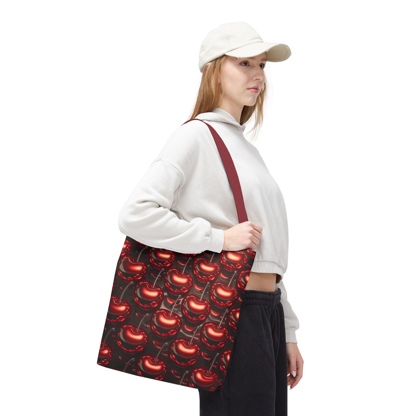 Glossy Cherry Pattern Canvas Tote Bag – Retro Black & Red Cherry Print, Coquette Cottagecore Aesthetic Shopper Tote, Fruit Lover Gift