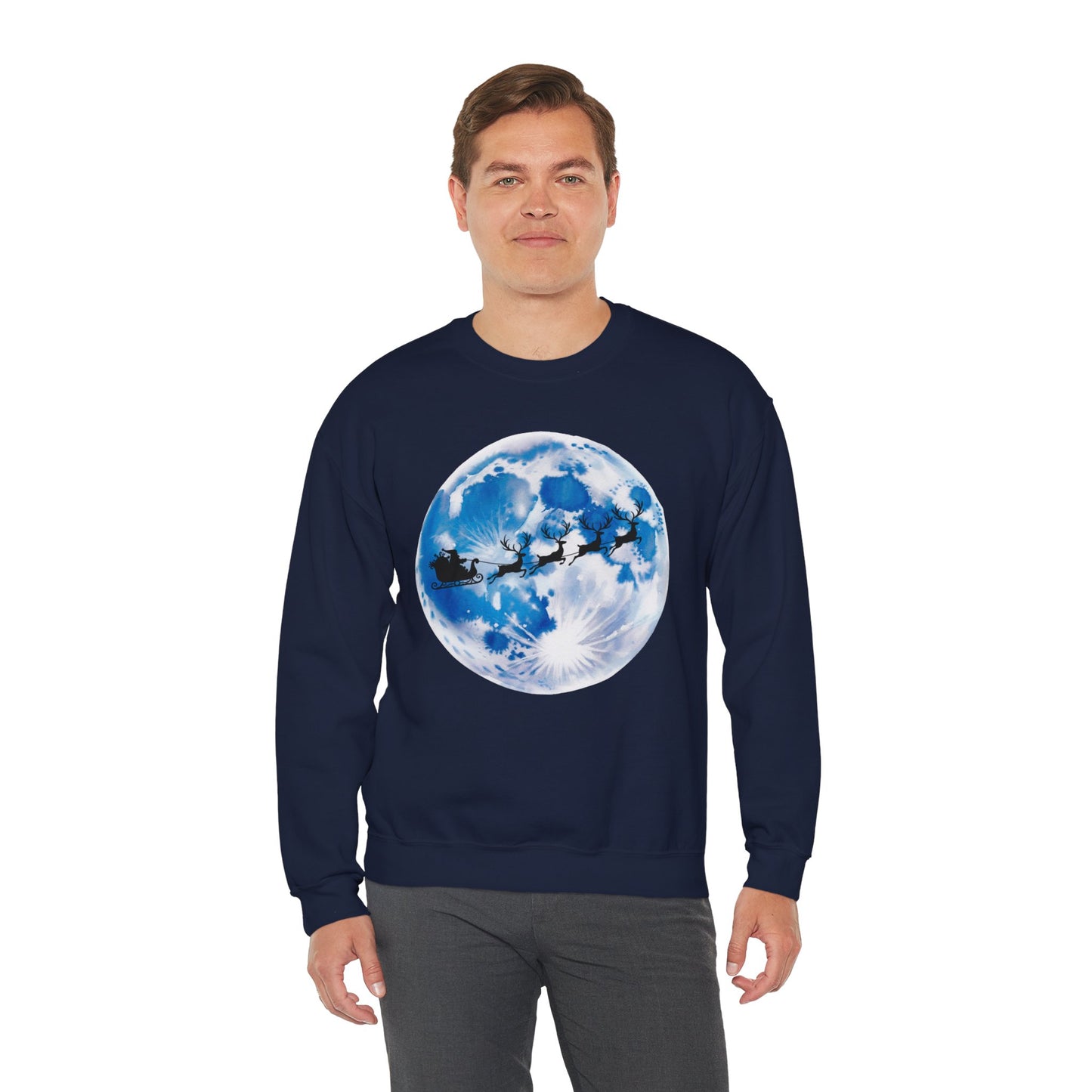 Santa And Reindeer Full Moon Christmas Sweatshirt, Holiday Night Sky Sweater, Cozy Unisex Crewneck, Festive Gift For Christmas Lovers