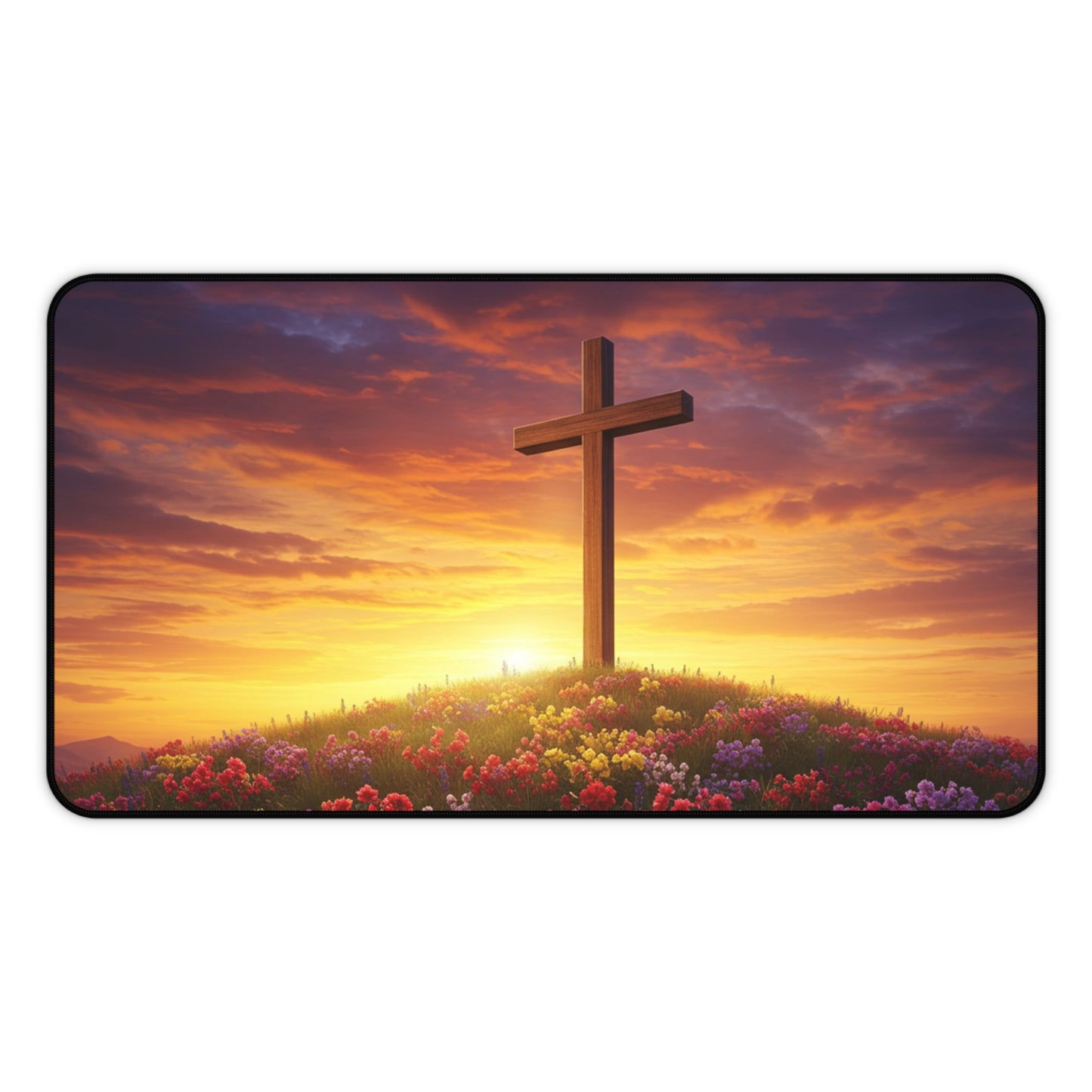 Desk Mat - Cross on a Hill DaVinci Style Christian Mouse Pad Religious Decor Spiritual Desk Mat Gift for Believers