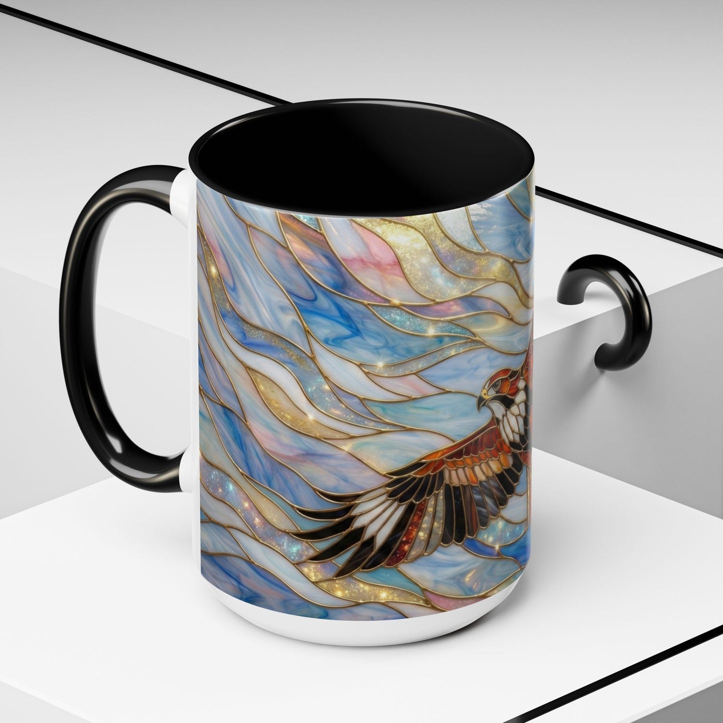 Hawk Coffee Mug, Stained Glass Hawk Mug, Bird of Prey Art Mug, Nature Lover Gift, Unique Ceramic Coffee Cup, 11oz 15oz Wildlife Mug