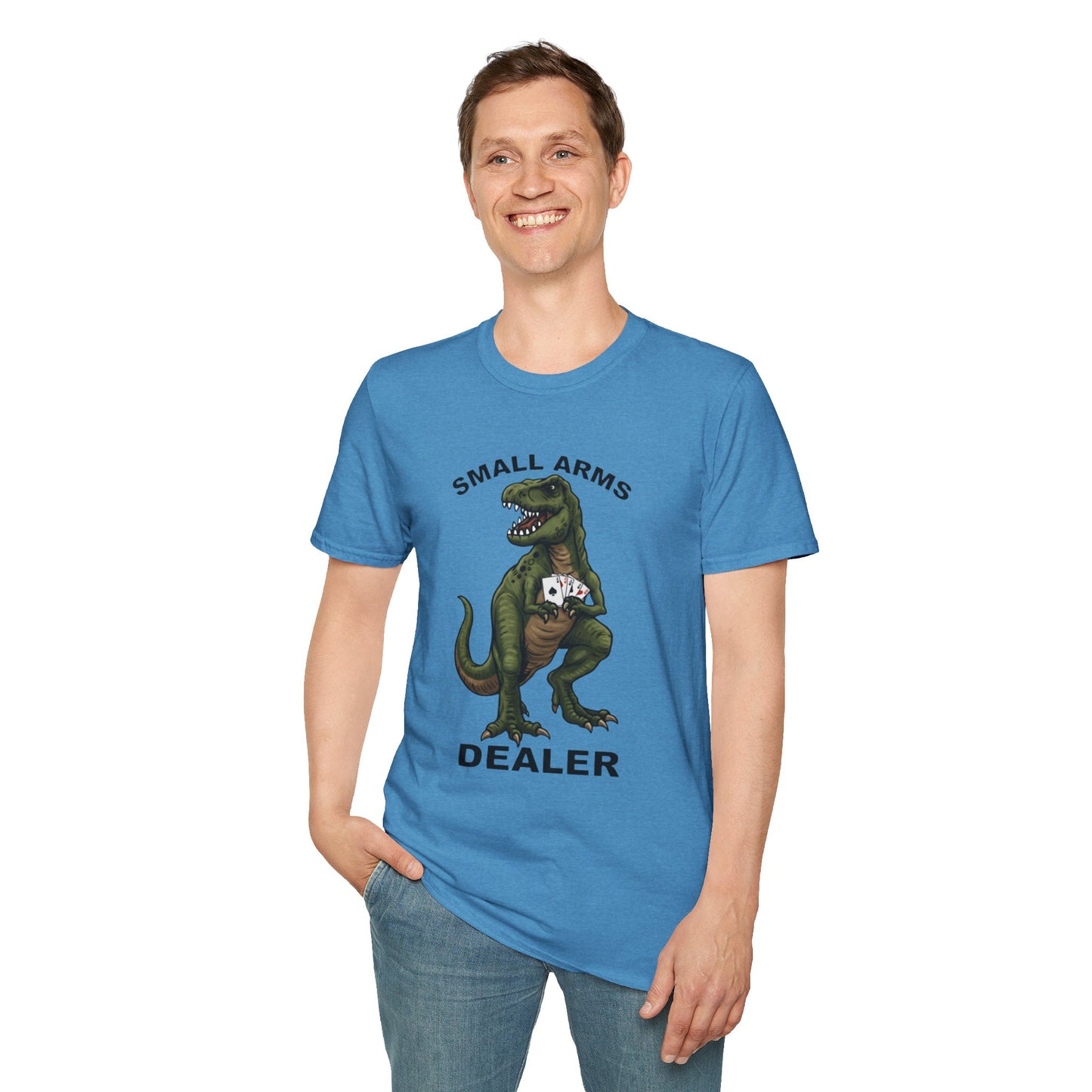 Funny Small Arms Dealer T-Rex Shirt, Dinosaur Pun Tee, Hilarious Graphic T-Shirt for Men & Women, Great Gift for Dad, Friend, or Coworker
