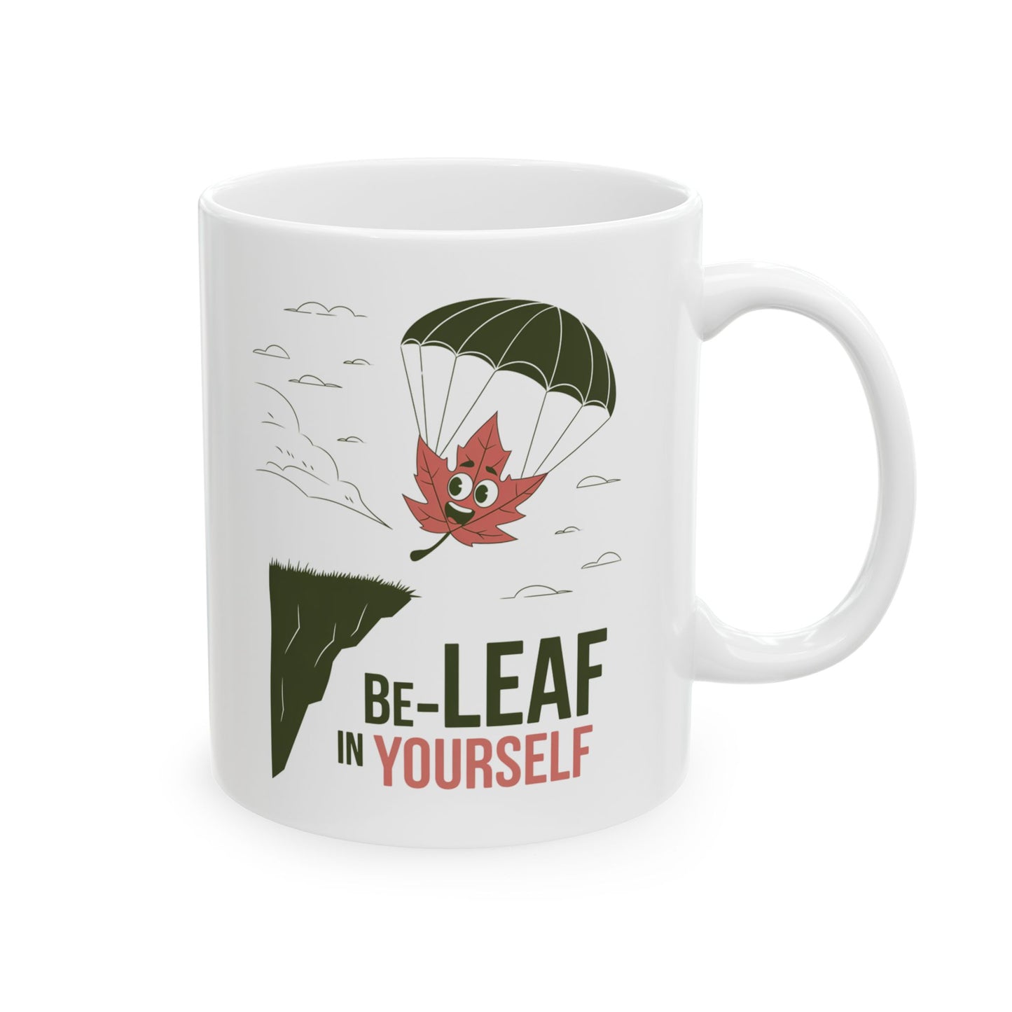 Be-Leaf In Yourself Mug – Motivational Leaf Parachute Design on Ceramic Coffee Cup, Positive Affirmation Gift for Fall Lovers & Nature Enthusiasts