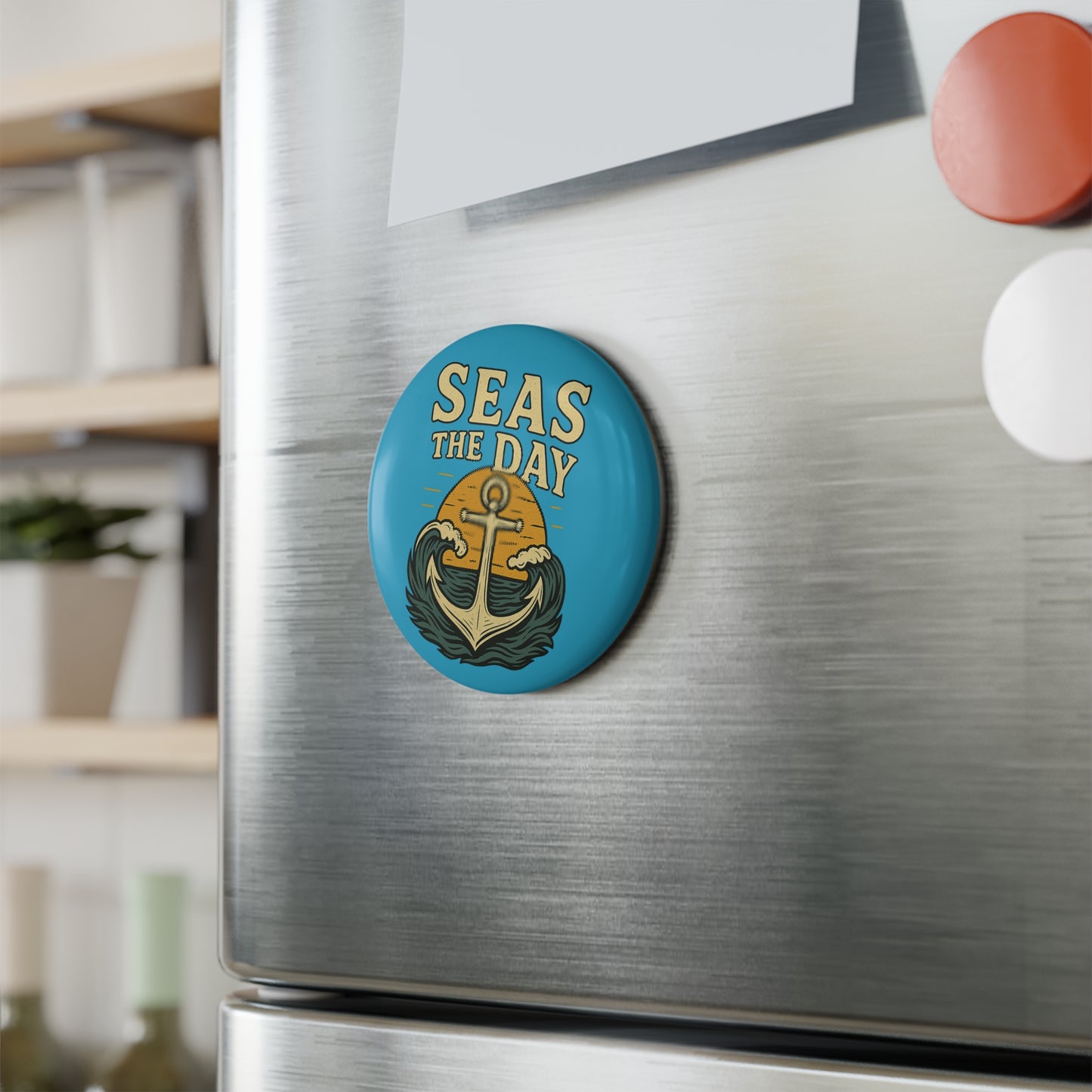Button Magnet - Seas the Day Anchor Sunset Round Magnet Nautical Decor Inspirational Decoration for Positive Vibes