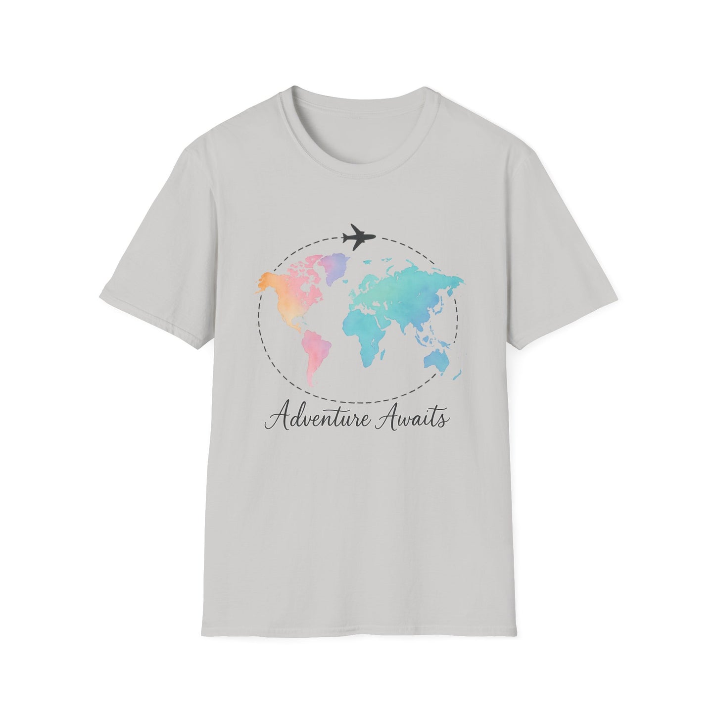 Adventure Awaits Travel Shirt | Watercolor World Map Tee for Women and Men | Wanderlust Gift for Travelers, Hikers, Campers, Beach Lovers