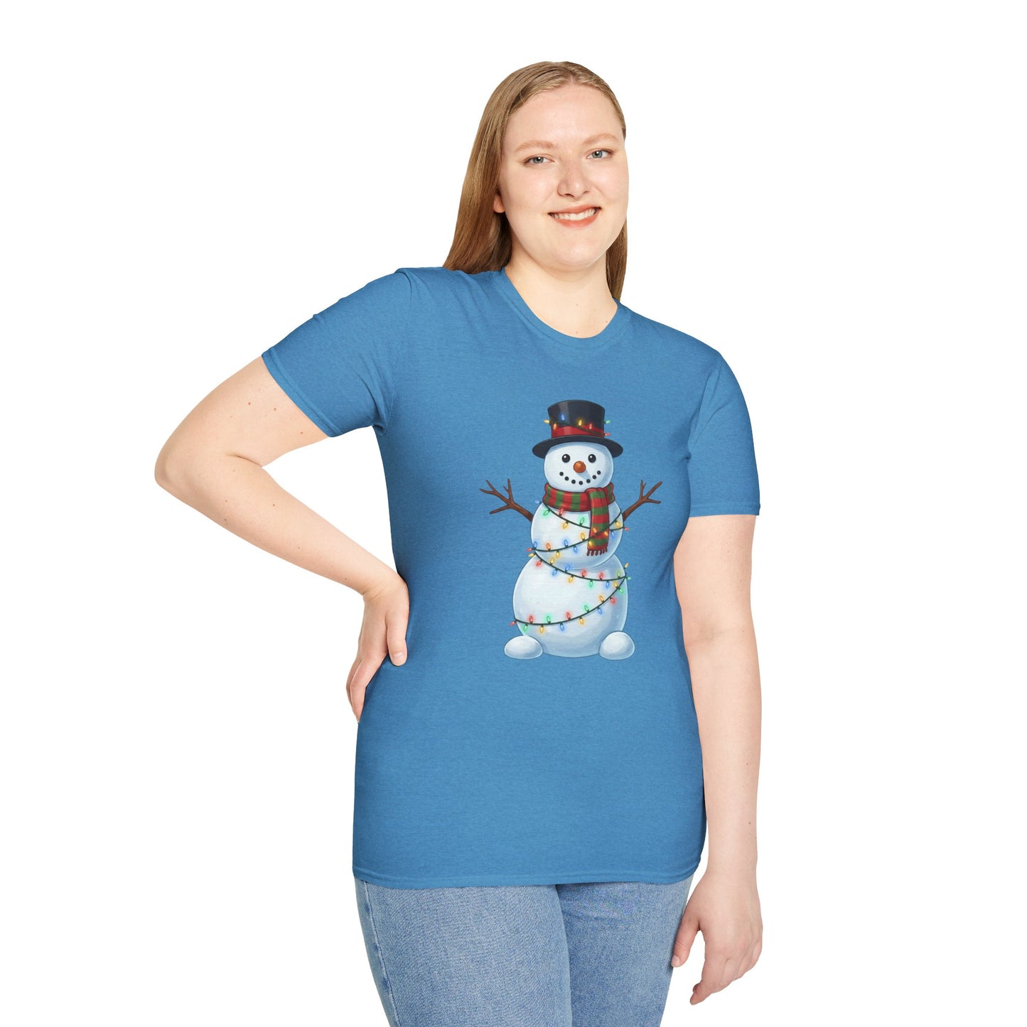 Cute Snowman Christmas Shirt, Snowman Wrapped in Christmas Lights Tee, Holiday Winter Snowman Top Hat Shirt, Funny Cozy Christmas T Shirt