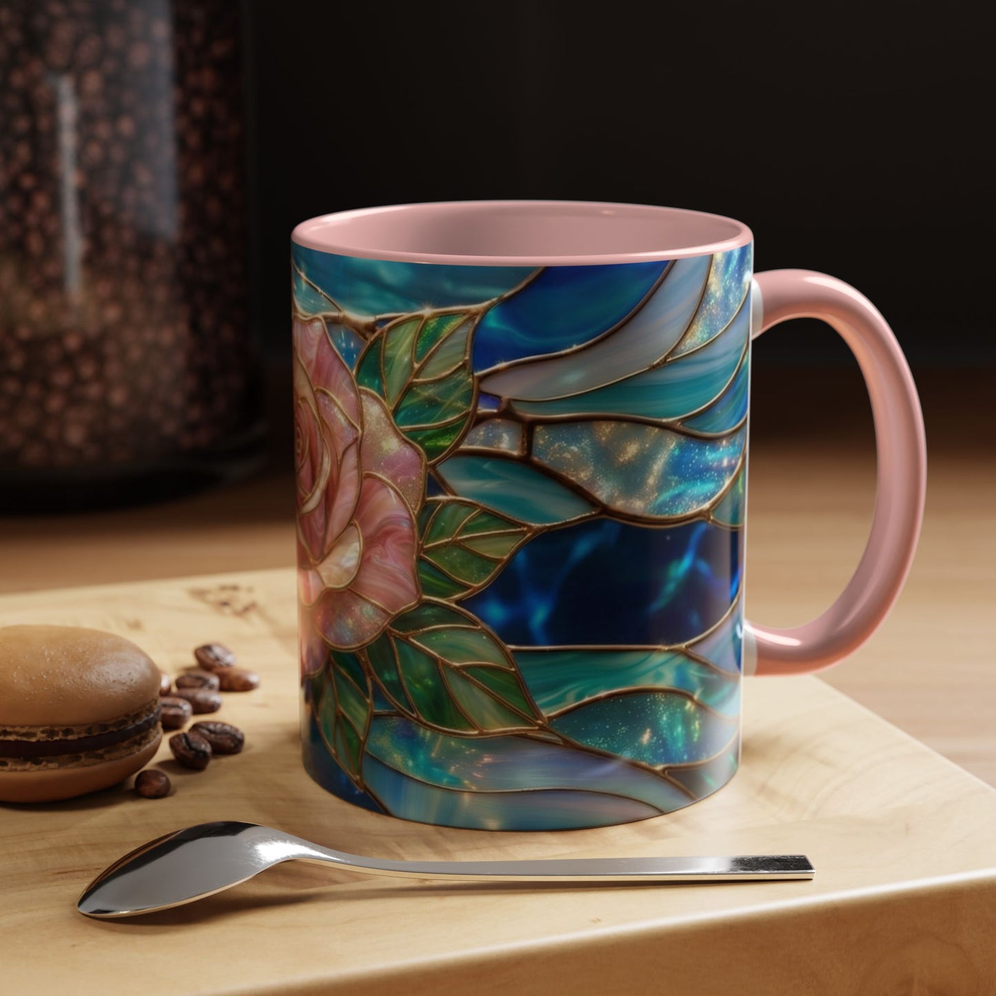 Stained Glass Rose Mug, Pink Flower Coffee Cup, Fantasy Floral Tea Cup, Magical Garden Gift, Galaxy Rose Art, Botanical Lover Present
