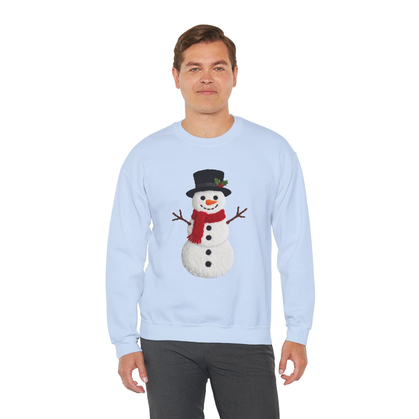Faux Patchwork Crochet Snowman Sweatshirt, Winter Snowman Crewneck, Cozy Holiday Sweater, Christmas Sweatshirt, Festive Winter Shirt, unisex gift