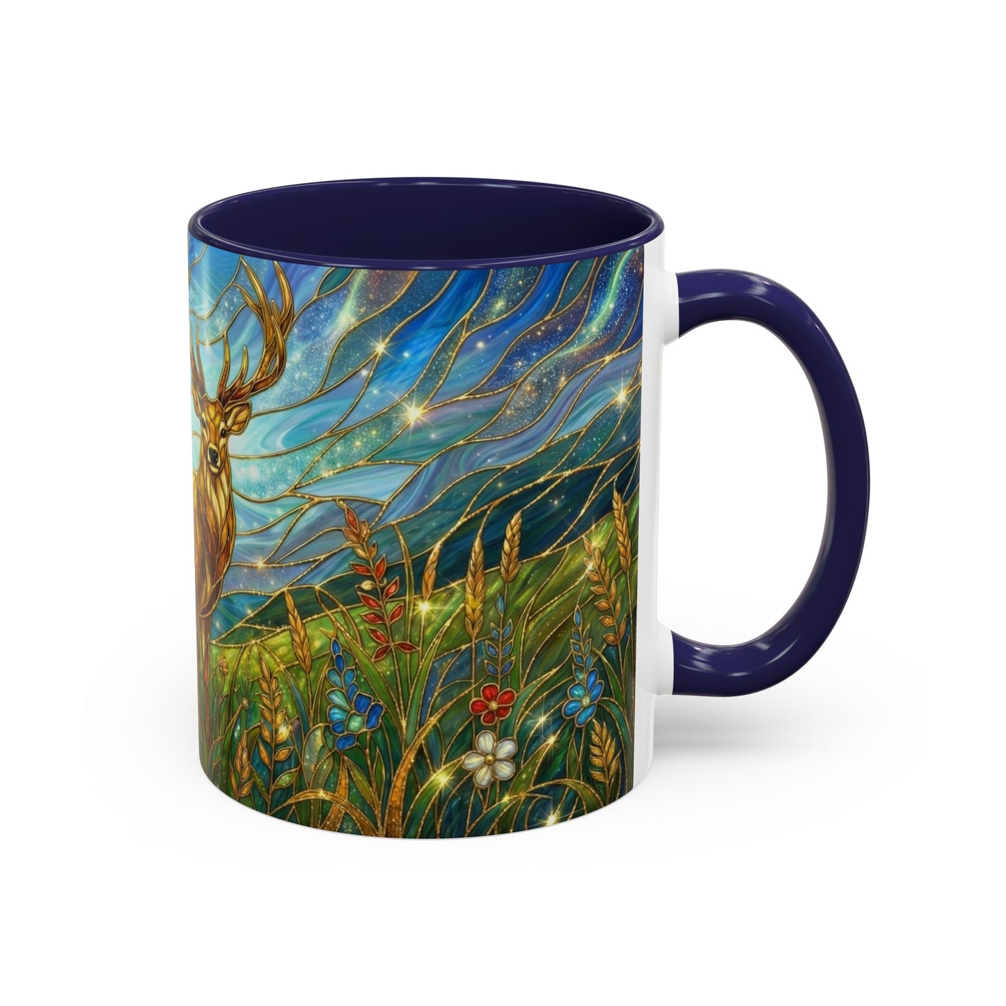 Stained Glass Deer Mug, Woodland Art Coffee Cup, Nature Forest Mug, Blue Green Gold Glass Style Mug, Gift For Nature Lovers Decor