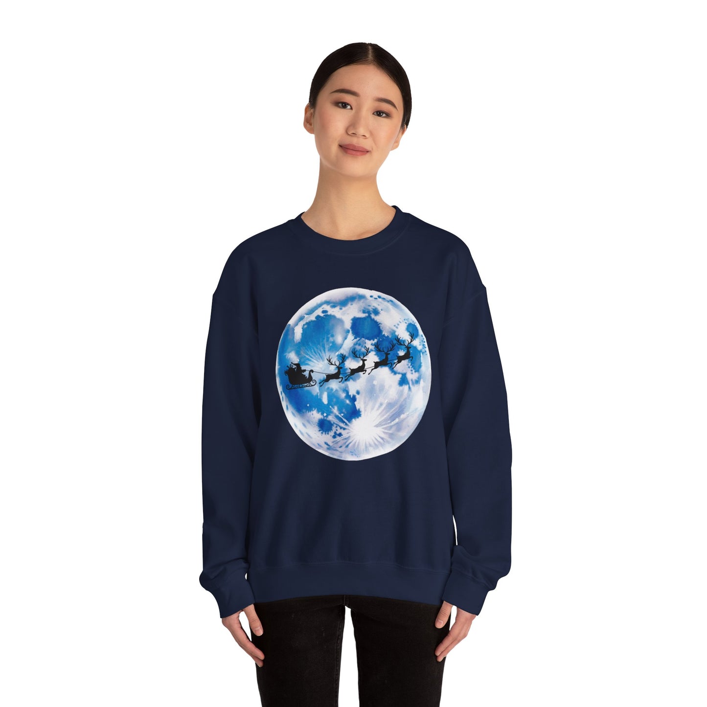 Santa And Reindeer Full Moon Christmas Sweatshirt, Holiday Night Sky Sweater, Cozy Unisex Crewneck, Festive Gift For Christmas Lovers