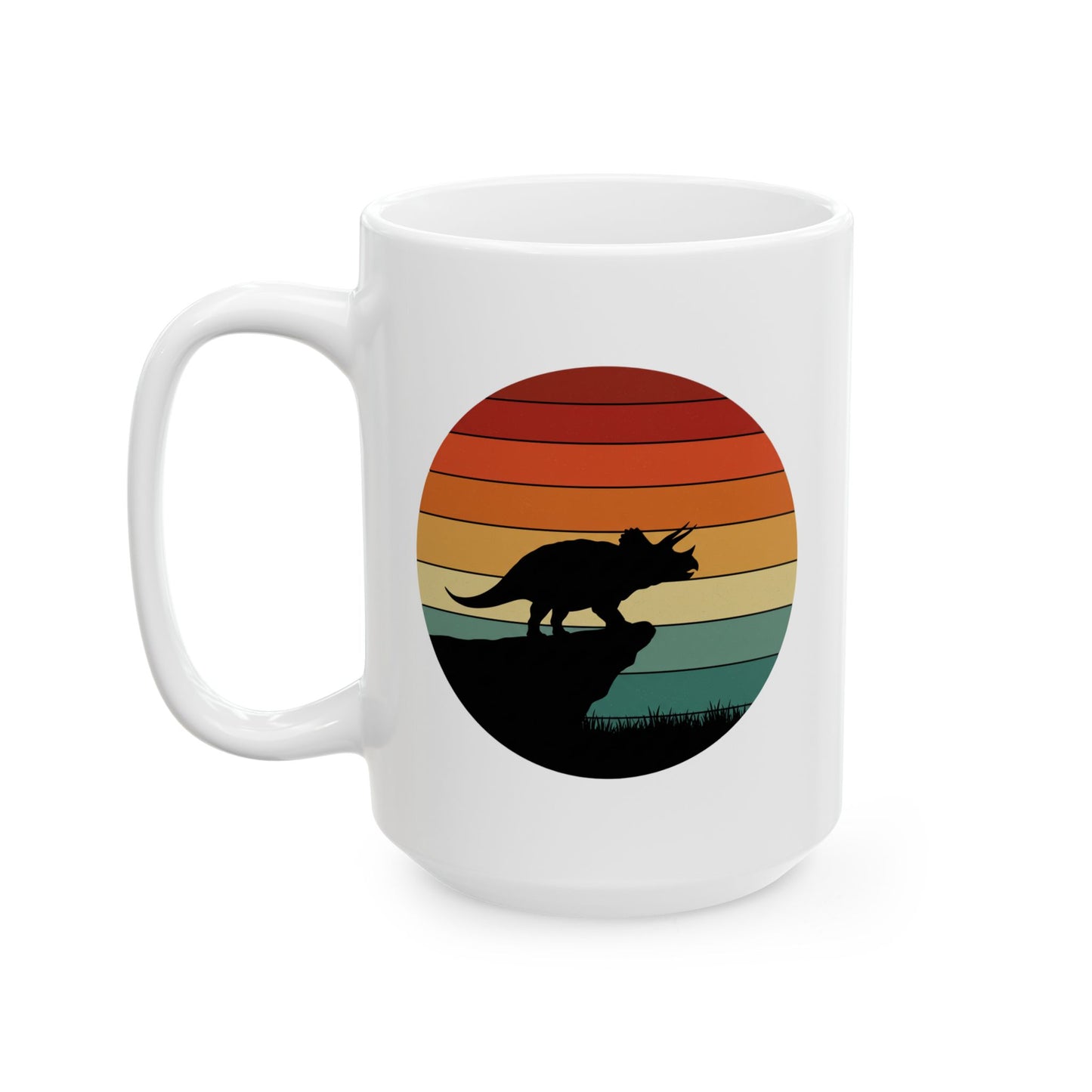 Dinosaur Sunset Mug - Triceratops Retro Coffee Cup - 80s Vintage Dino Mug Gift - Prehistoric Art Mug - Funny Dino Lover Gift 11oz or 15oz