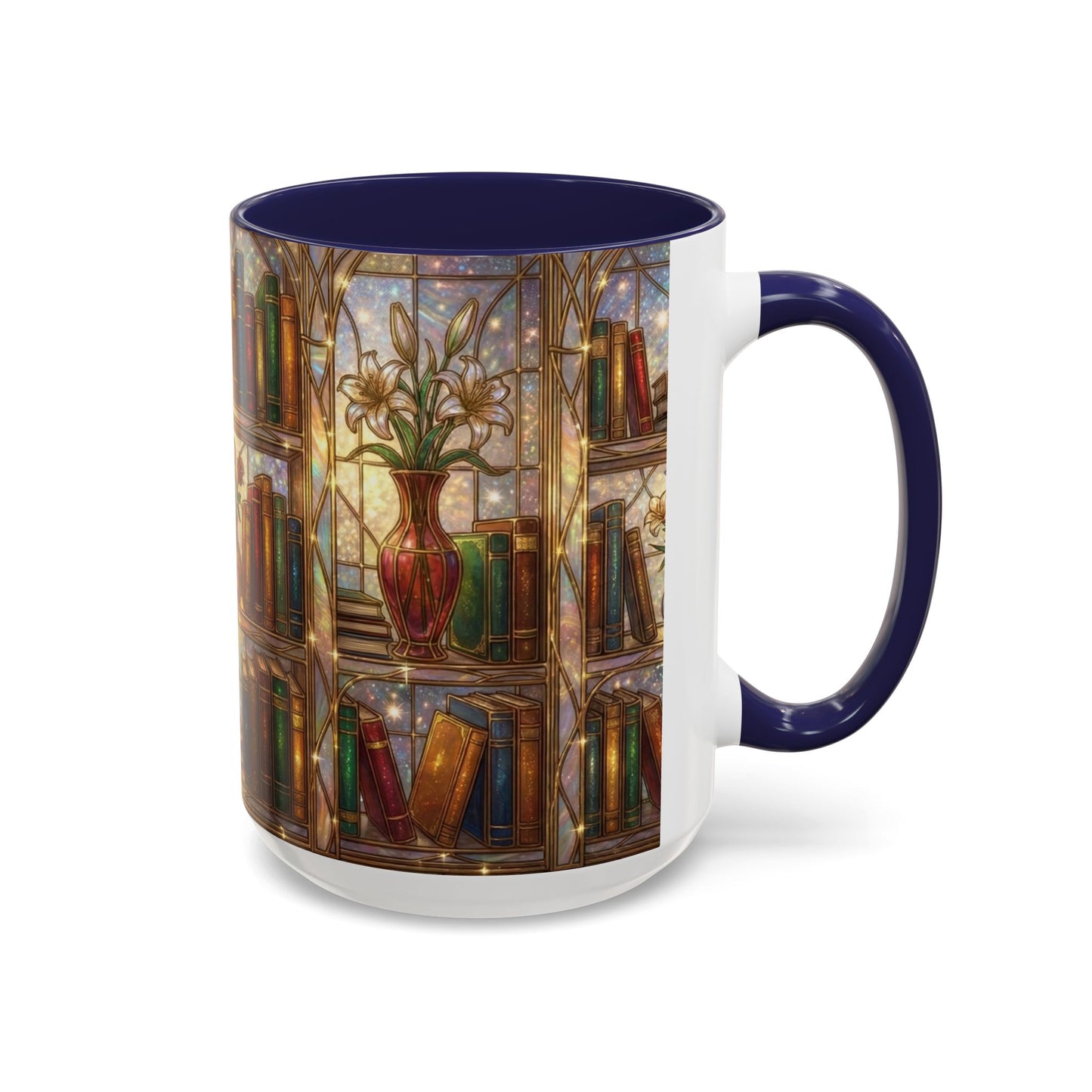 Stained Glass Books Mug, Book Lover Coffee Mug, Cozy Library Mug, Bookish Gift For Readers, Dark Academia Mug, Floral Bookshelf Cup