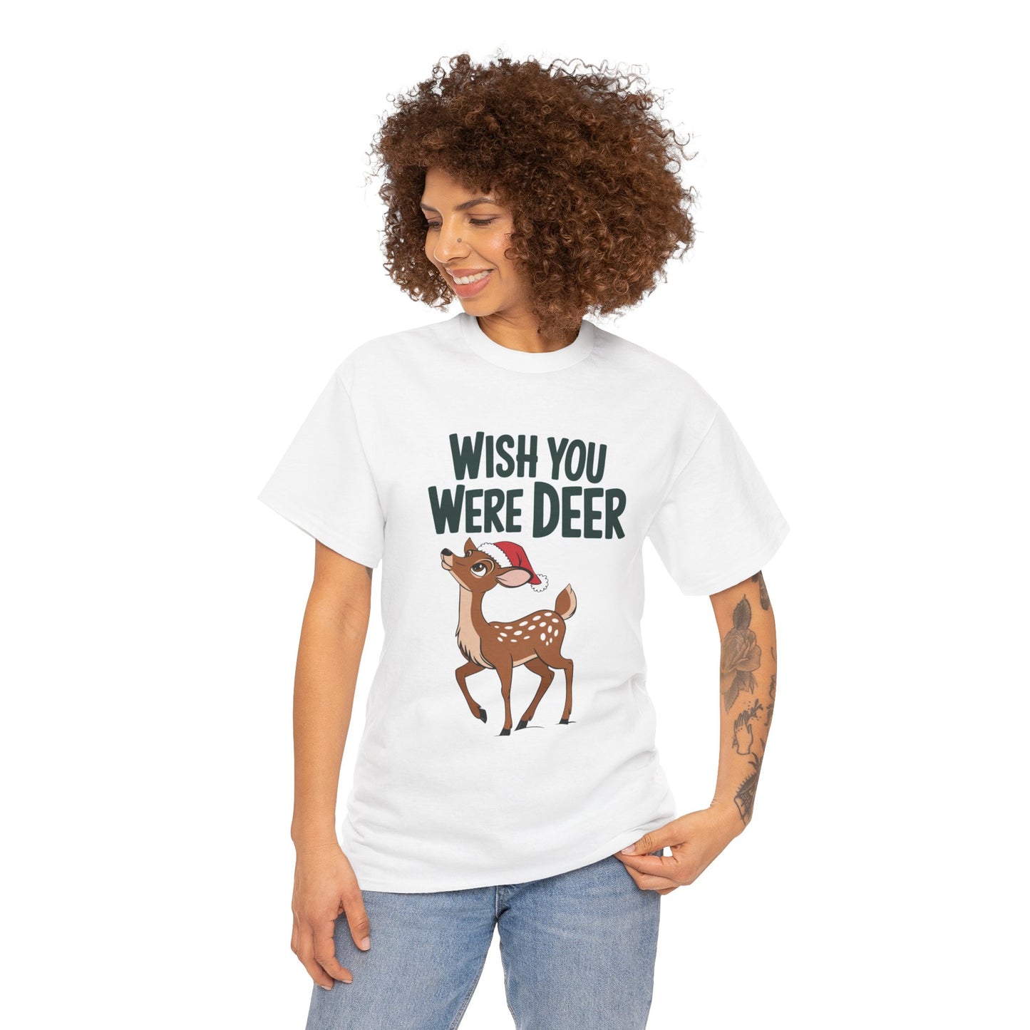 Wish You Were Deer Funny Christmas T-Shirt, Cute Reindeer Holiday Tee, Pun Christmas Shirt, Festive Santa Hat Deer Graphic Tee Gift