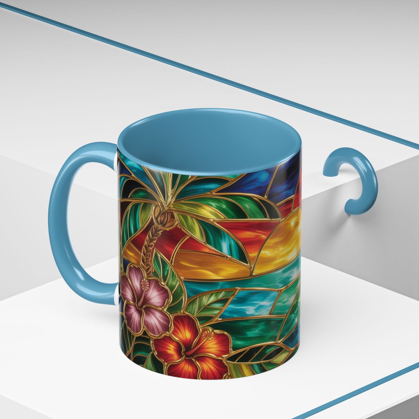 Stained Glass Tropical Sunset Mug, Hibiscus Flower Coffee Cup, Beach Lover Gift, Colorful Palm Tree Mug, Coastal Art Drinkware, Summer Cup