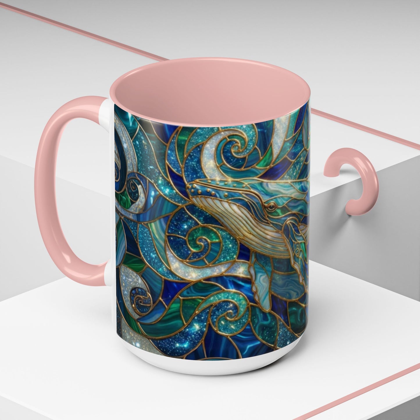 Stained Glass Whale Mug, Ocean Art Coffee Cup, Blue Sea Life Design, Nautical Gift For Ocean Lovers, Colorful Stained Glass Whale Cup