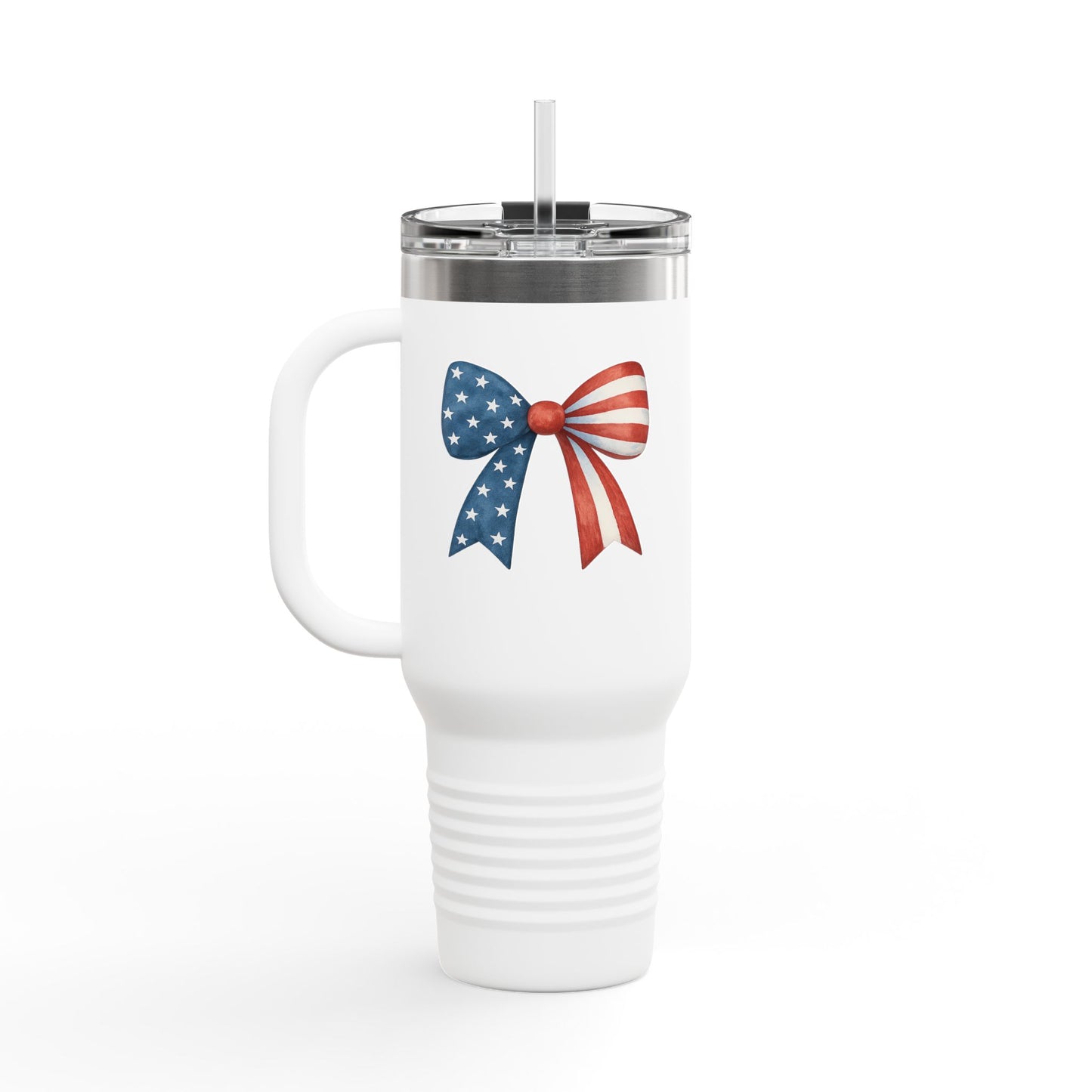 Patriotic Bow Travel Mug | 4th of July Tumbler with Straw | USA Flag Coffee Tumbler | Stars Stripes Mug | Independence Day Gift | USA Drinkware