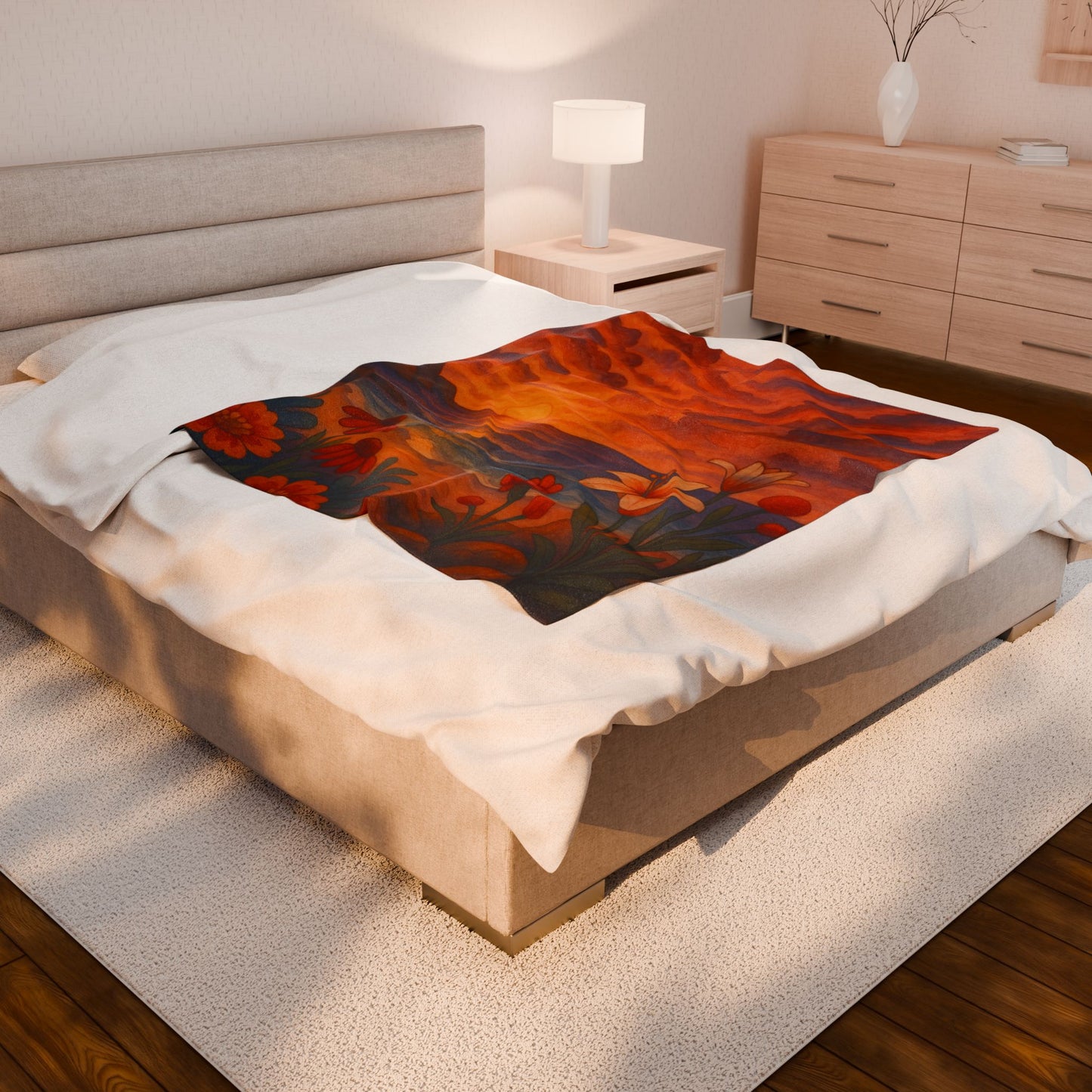 Sunset Floral Blanket – Cozy Beach Sunset Throw with Flowers | Colorful Velveteen Plush Blanket for Couch, Bed, or Gift