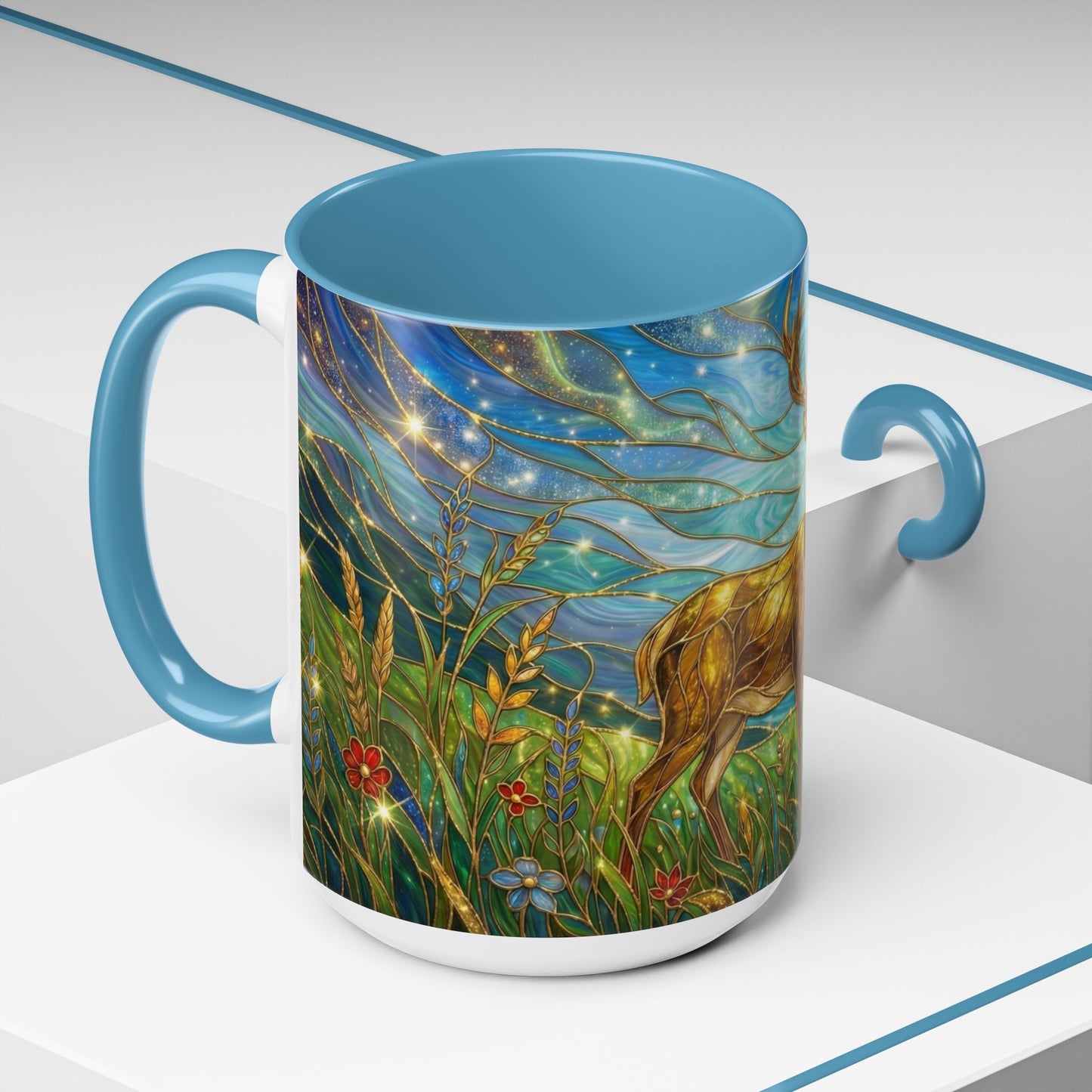 Stained Glass Deer Mug, Woodland Art Coffee Cup, Nature Forest Mug, Blue Green Gold Glass Style Mug, Gift For Nature Lovers Decor