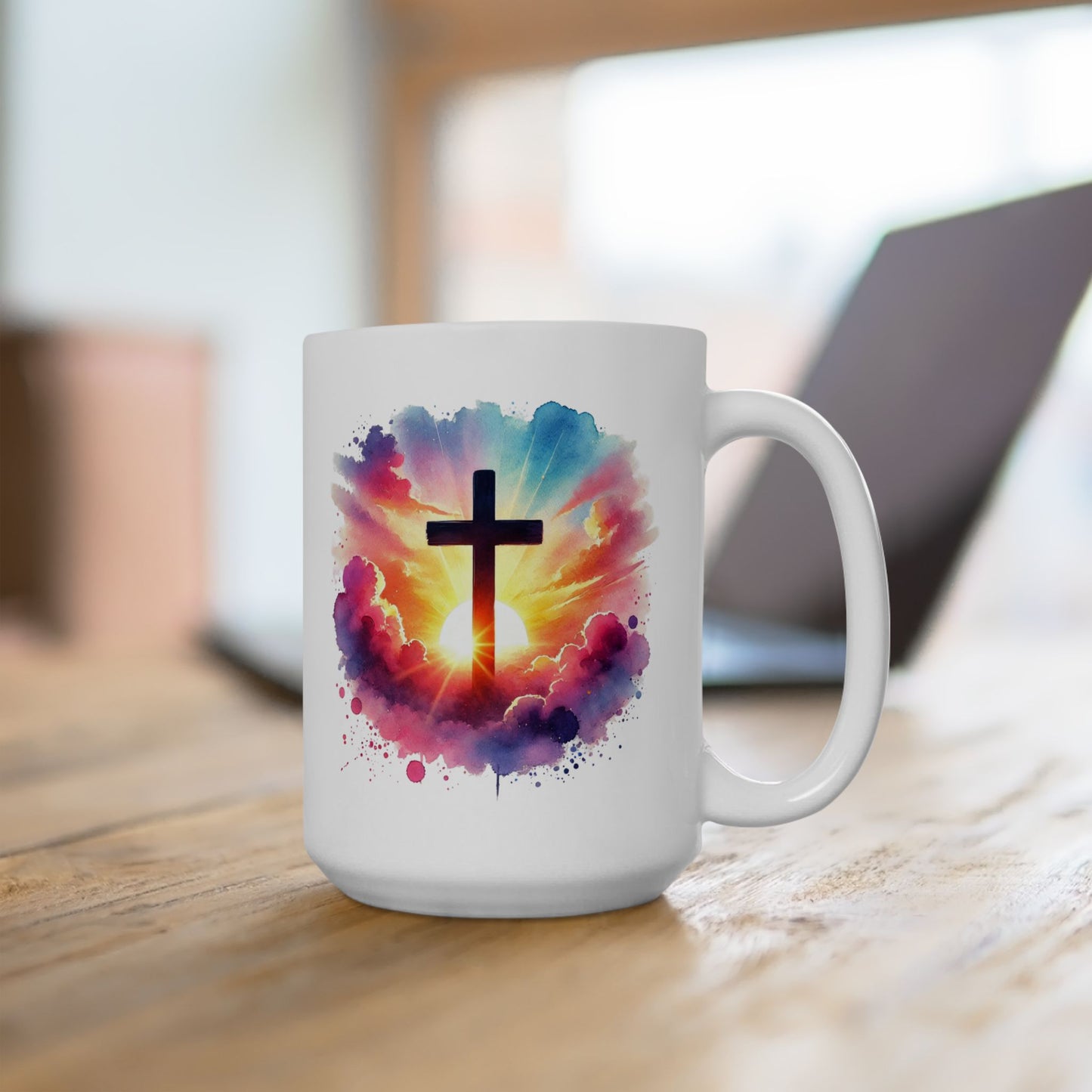 Christian Cross Sunrise Mug – Inspirational Faith Coffee Cup with Colorful Sky & Clouds, Religious Gift, Dishwasher Safe Prayer Mug