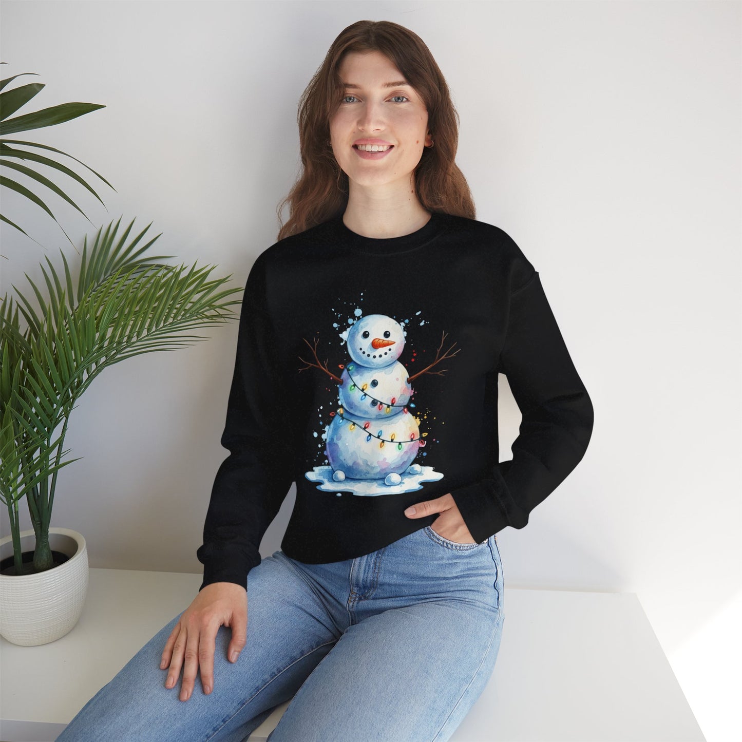 Watercolor Snowman Christmas Sweatshirt, Cute Snowman Crewneck for Winter, Holiday Lights Snowman Sweater, Cozy Unisex Christmas Gift