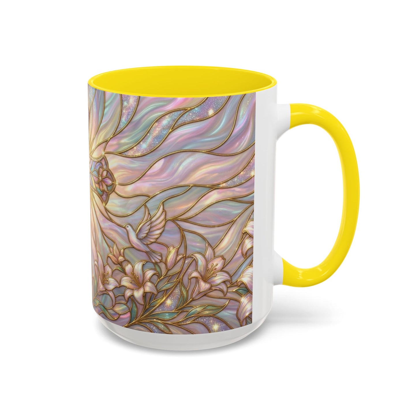 Stained Glass Cross Mug, Easter Lily Coffee Cup, Christian Gift for Women, Pastel Religious Drinkware, Dove and Faith Cup, Spiritual