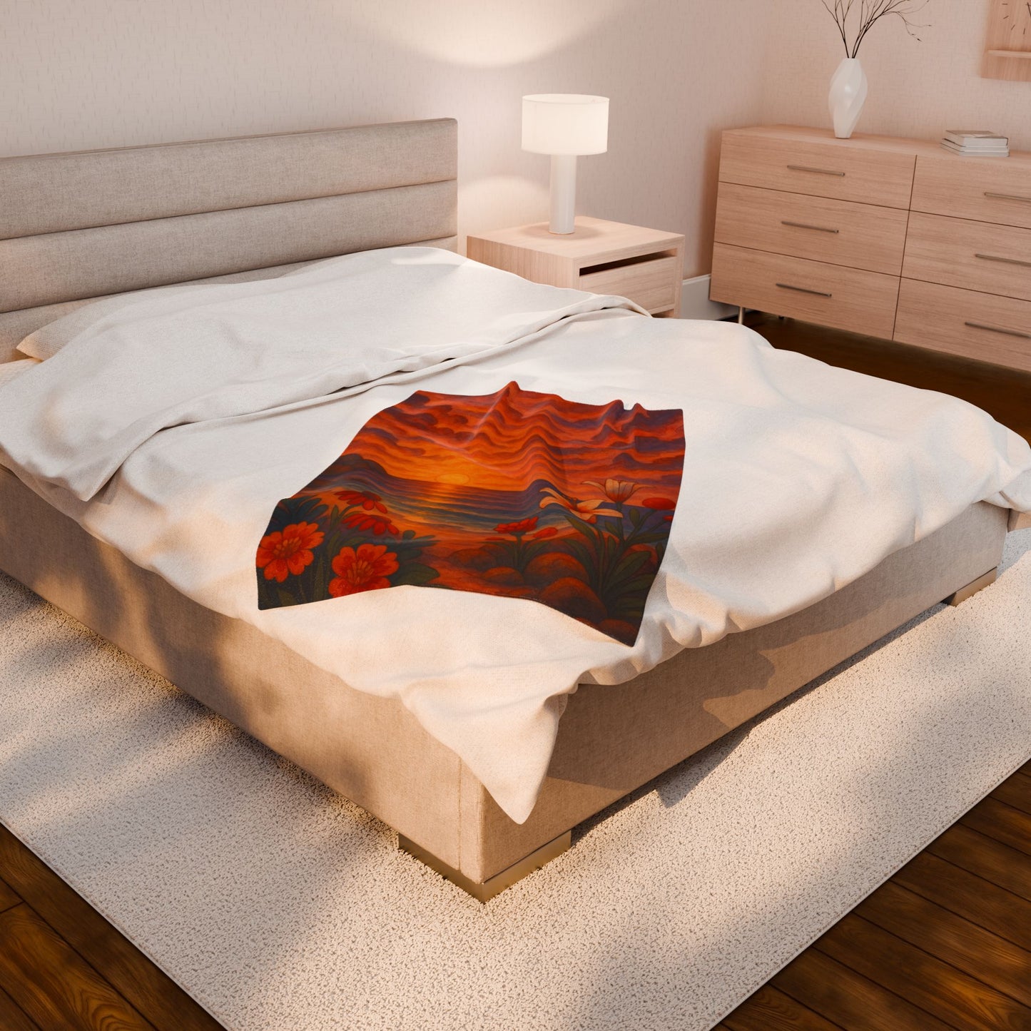 Sunset Floral Blanket – Cozy Beach Sunset Throw with Flowers | Colorful Velveteen Plush Blanket for Couch, Bed, or Gift