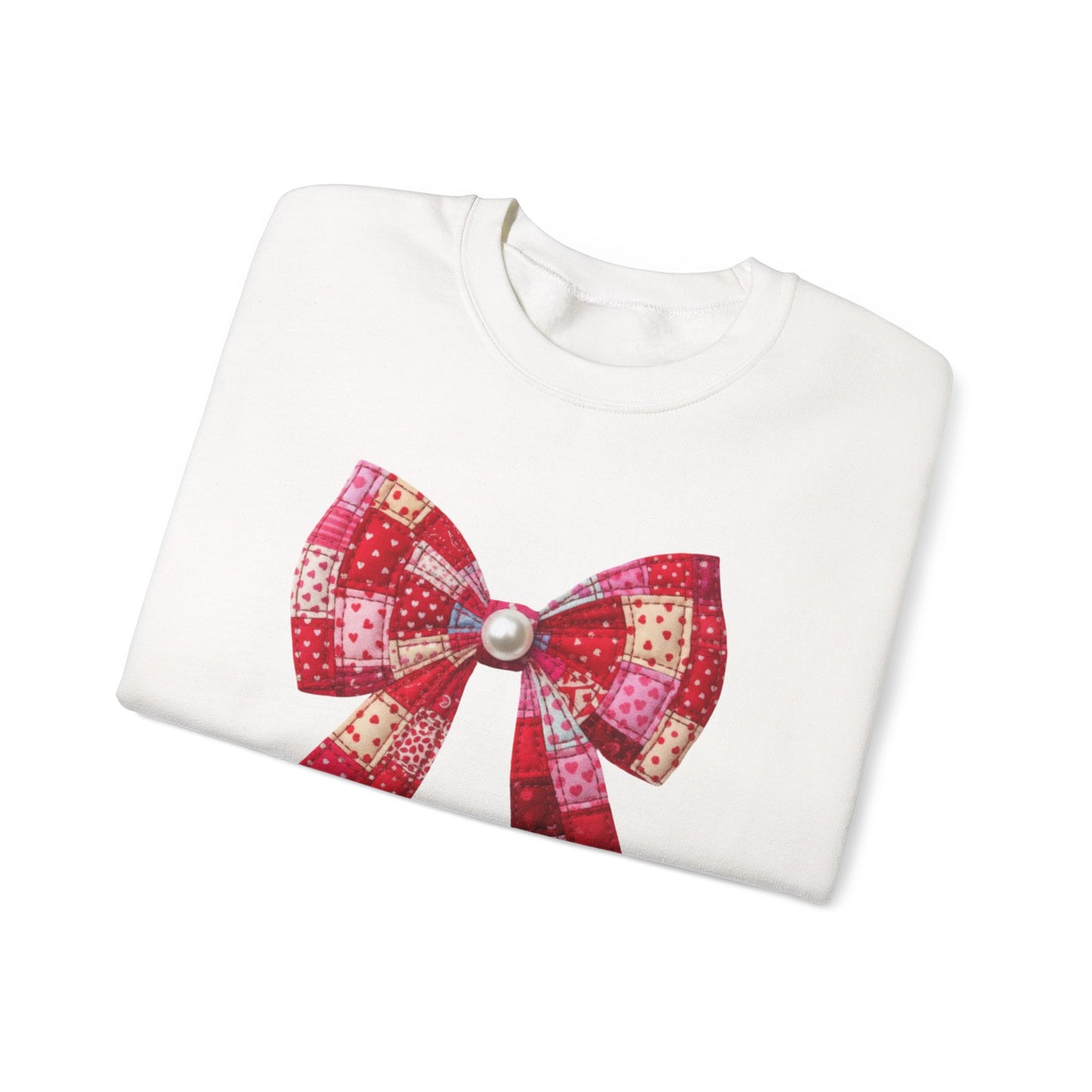 Faux Patchwork Bow Sweatshirt, Quilted Look Bow Crewneck, Pearl Bow Pullover, Cozy Coquette Sweatshirt, Girly Valentine Gift