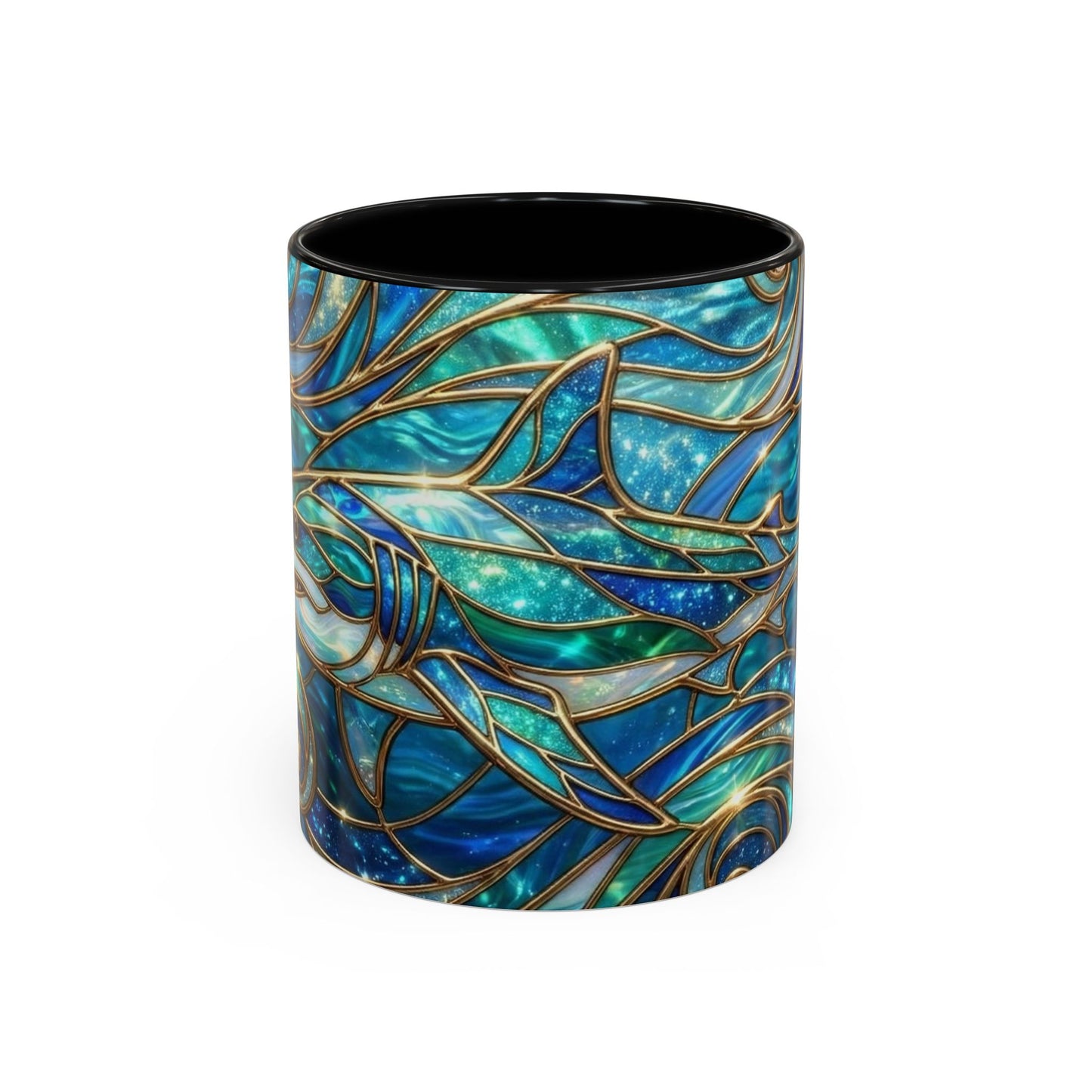 Stained Glass Shark Mug, Ocean Art Coffee Cup, Blue Shark Gift, Sea Life Ceramic Mug, Artistic Shark Design, Marine Lover Gift, Unique Ocean Mug