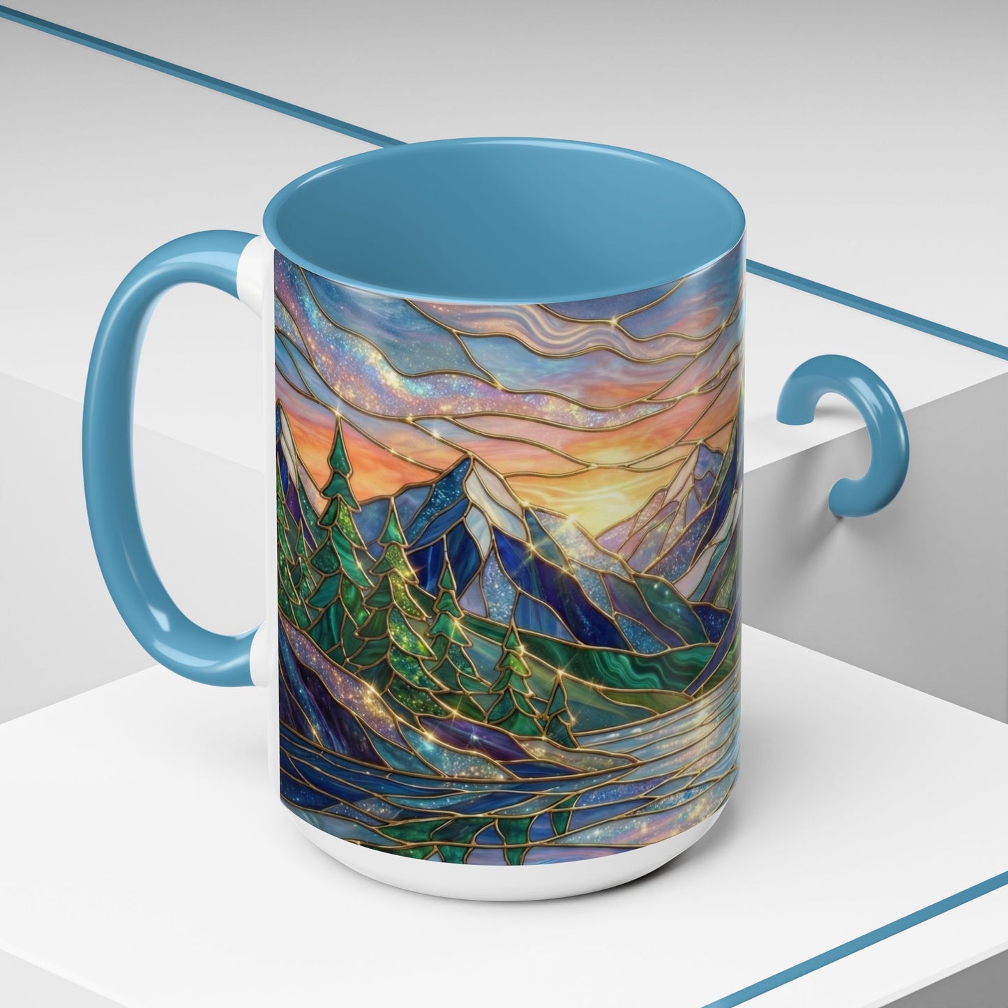 Stained Glass Mountain Mug, Sunset Mountain Landscape Coffee Cup, Nature Ceramic Mug With Forest And River, 11oz 15oz Gift